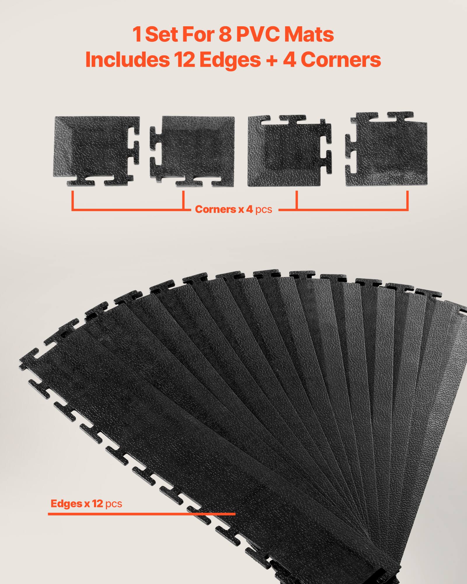 1 Set For 8 PVC Mats  
Includes 12 Edges + 4 Corners  
Corners x 4 pcs  
Edges x 12 pcs