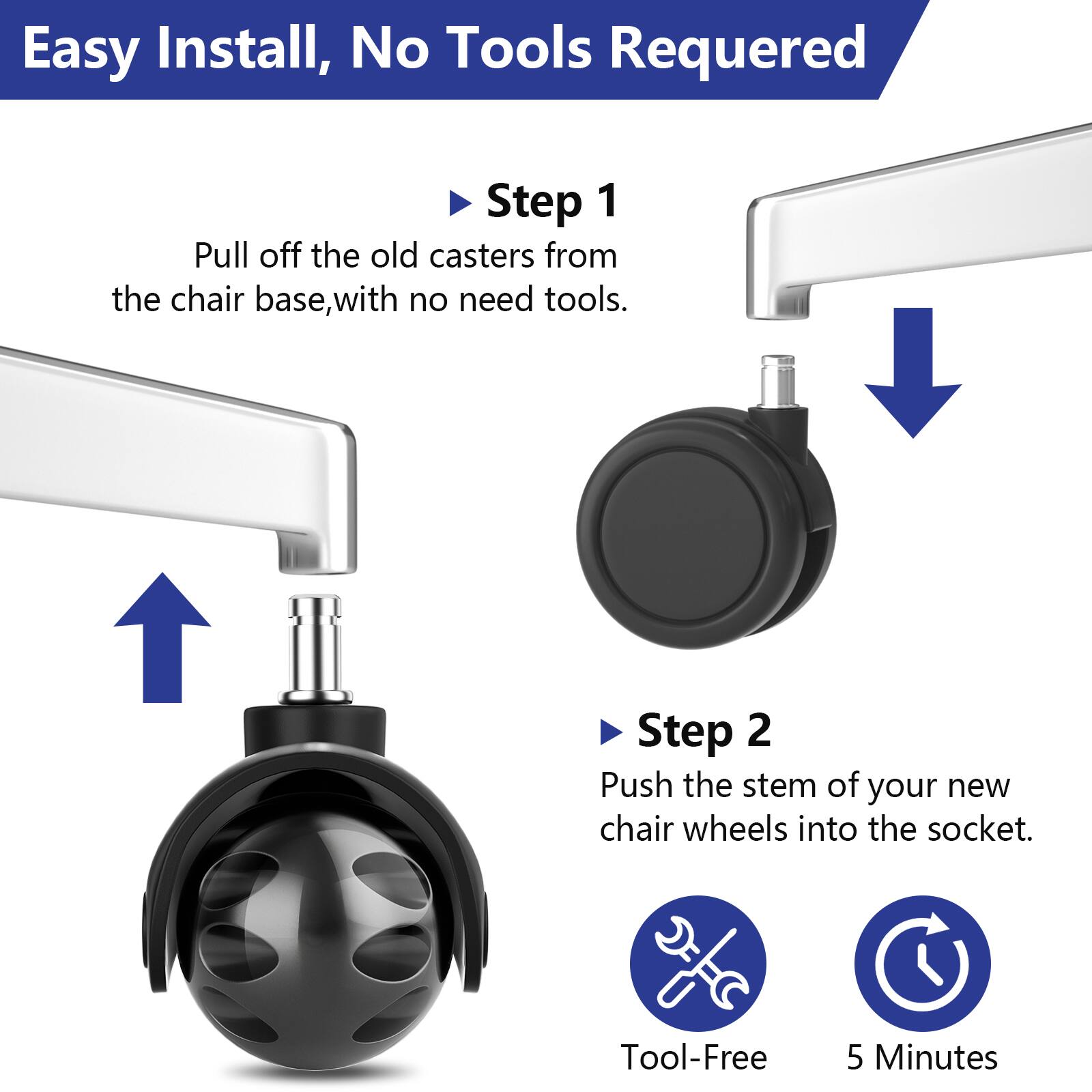 Easy Install, No Tools Required

Step 1  
Pull off the old casters from the chair base, with no need for tools.

Step 2  
Push the stem of your new chair wheels into the socket.

Tool-Free  
5 Minutes