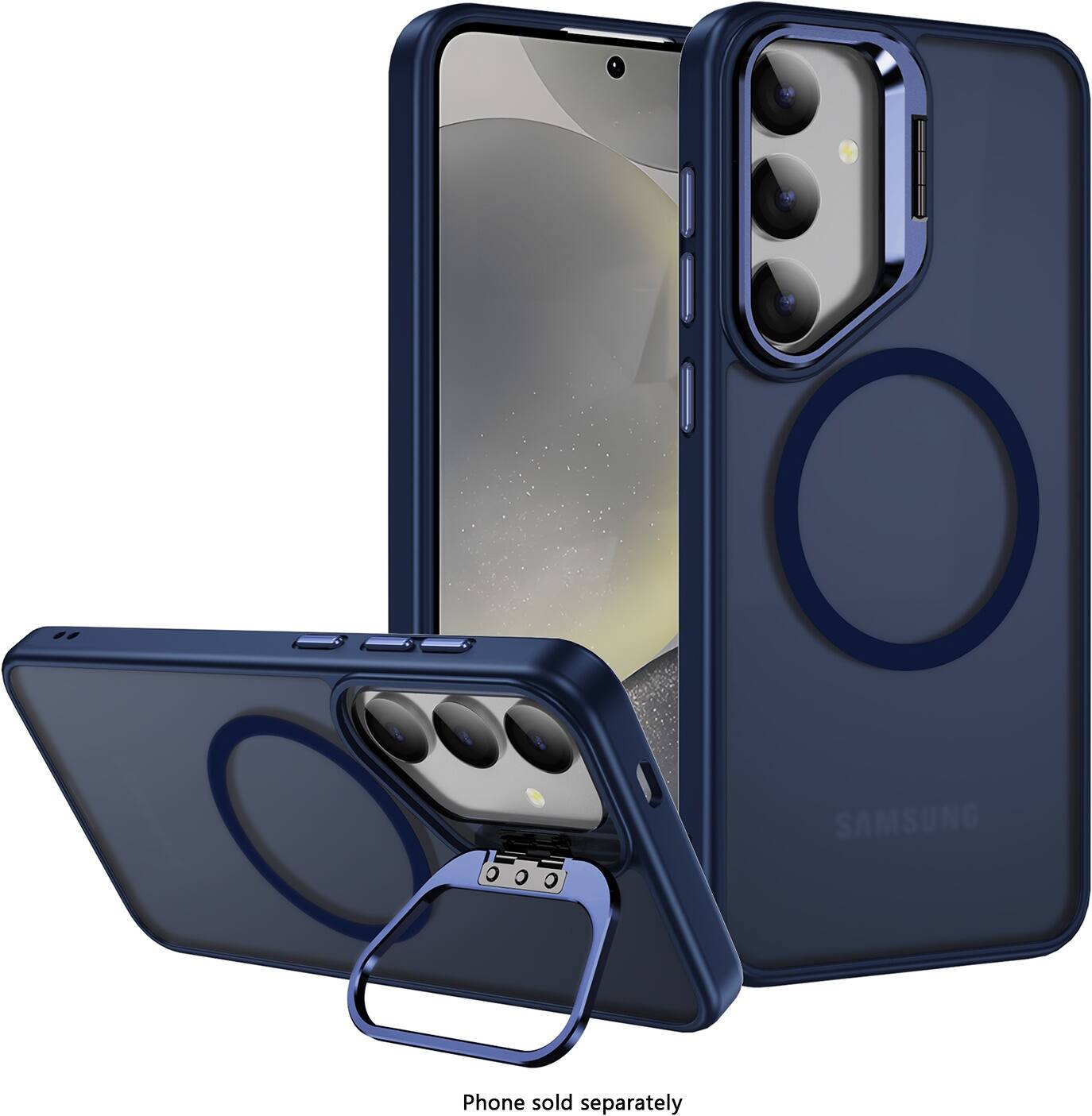 The image features a Samsung phone that is sold separately. The phone is displayed in a blue case, which is also sold separately. The case is designed to hold the phone securely and protect it from damage. The phone and case are both made of high-quality materials, ensuring durability and functionality.