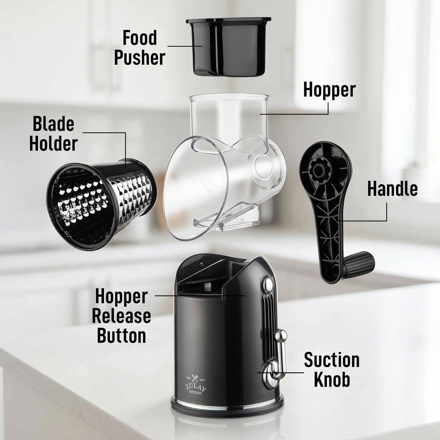 Blade Holder  
Food Pusher  
Hopper  
Handle  
Hopper Release Button  
Suction Knob