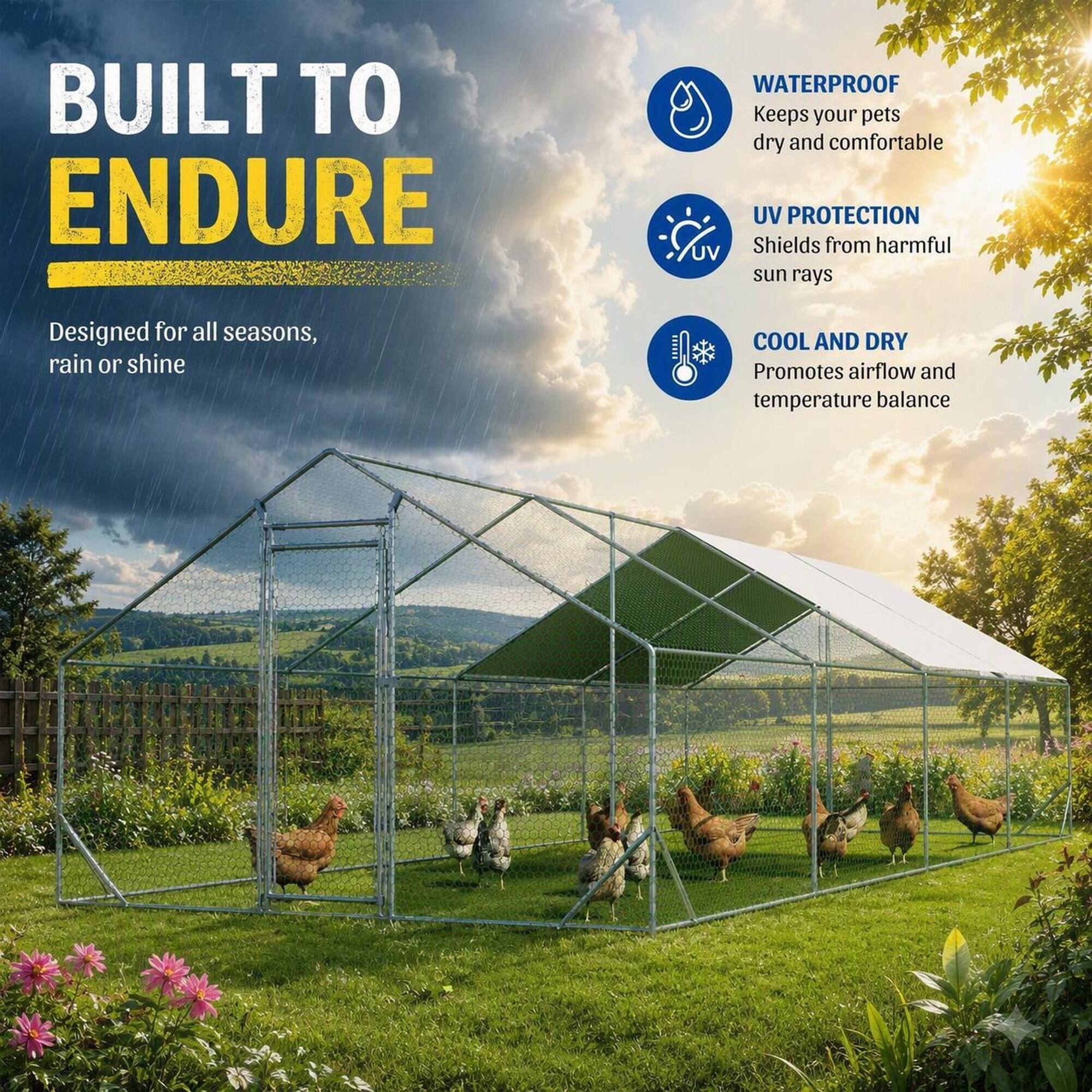 BUILT TO ENDURE  
Designed for all seasons, rain or shine  

WATERPROOF  
Keeps your pets dry and comfortable  

UV PROTECTION  
Shields from harmful sun rays  

COOL AND DRY  
Promotes airflow and temperature balance