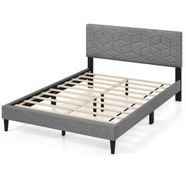 Costway - Full Size Bed Frame with Linen Fabric Upholstered Headboard & Wooden Slat Support - Gray