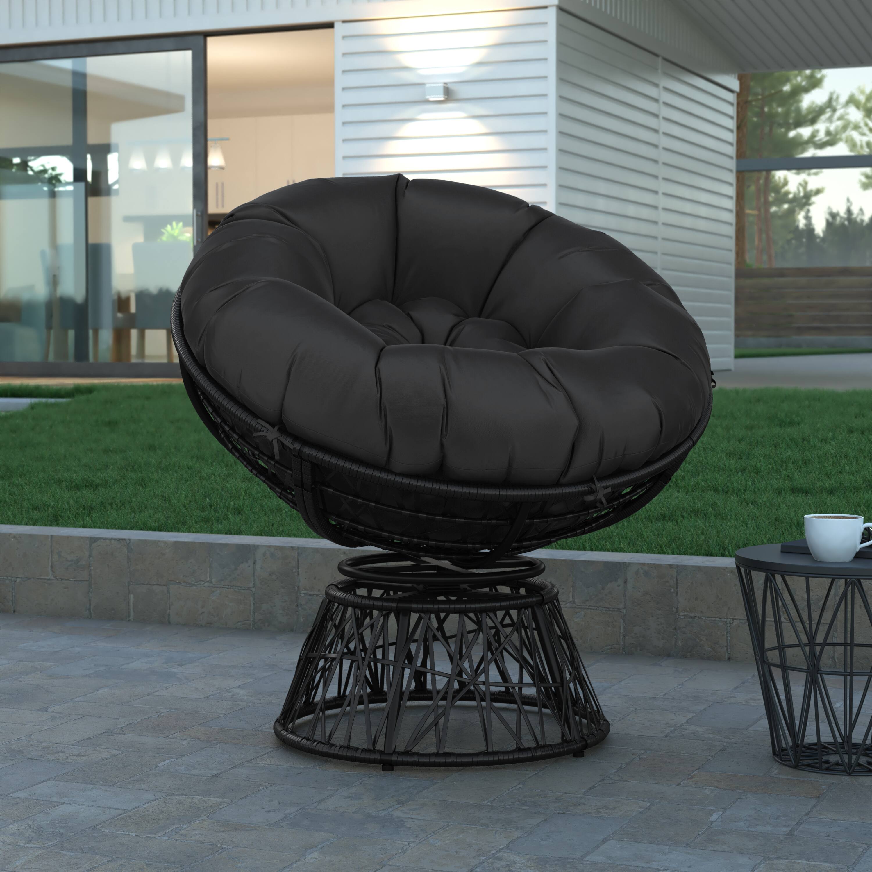 Alt View 1. Emma + Oliver - Swivel Patio Chair with Cushion - Black Cushion/Black Frame.