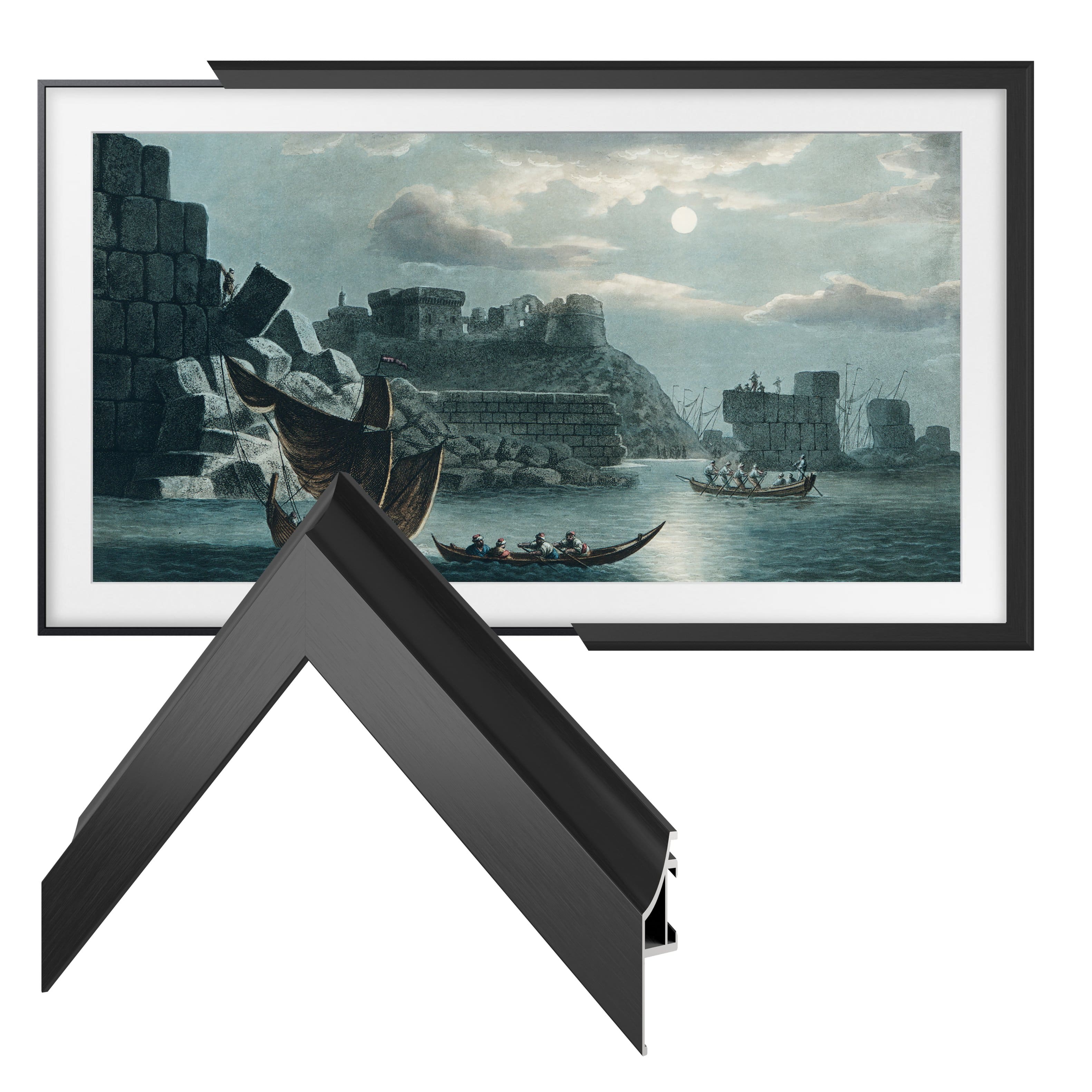 Left. Deco TV Frames - Alloy Scoop Bezel for Samsung The Frame TV - 50" - Anodized Black.
