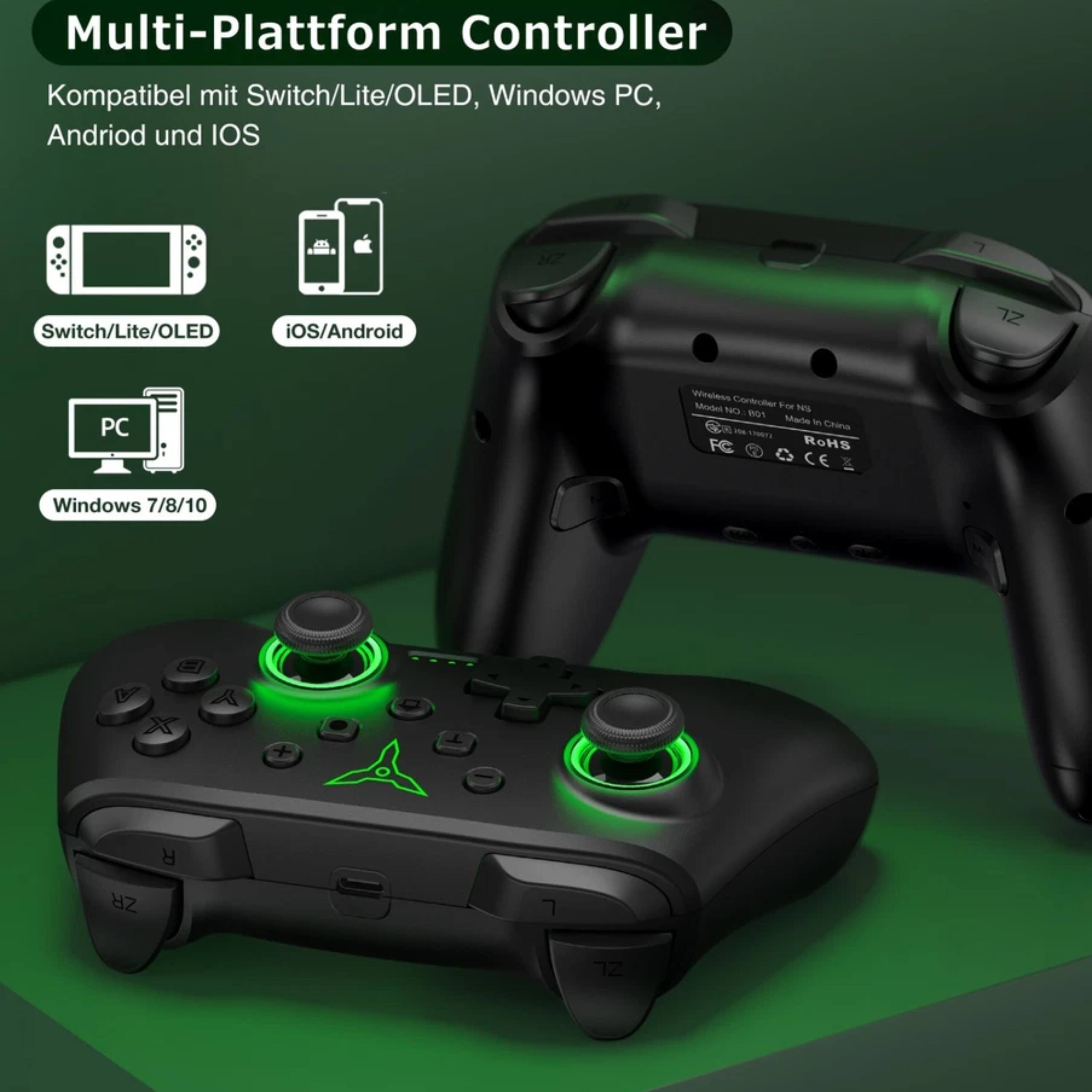 Multi-Plattform Controller  
Kompatibel mit Switch/Lite/OLED, Windows PC, Android und iOS  

Switch/Lite/OLED  
iOS/Android  
Windows 7/8/10  

Wireless Controller For NS  
Made in China  
RoHS  
CE