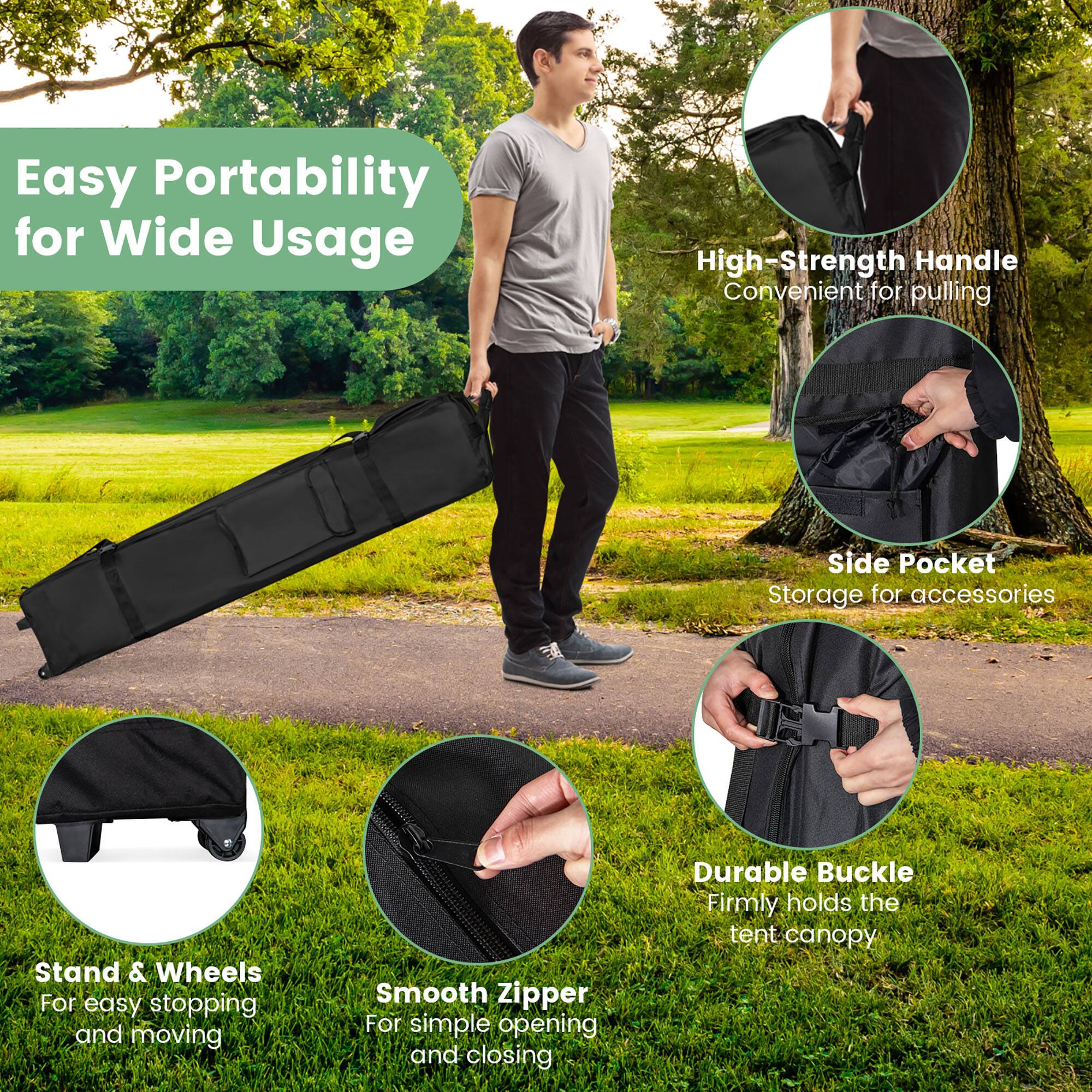 Easy Portability for Wide Usage

High-Strength Handle - Convenient for pulling
Side Pocket - Storage for accessories
Stand & Wheels - For easy stopping and moving
Smooth Zipper - For simple opening and closing
Durable Buckle - Firmly holds the tent canopy
