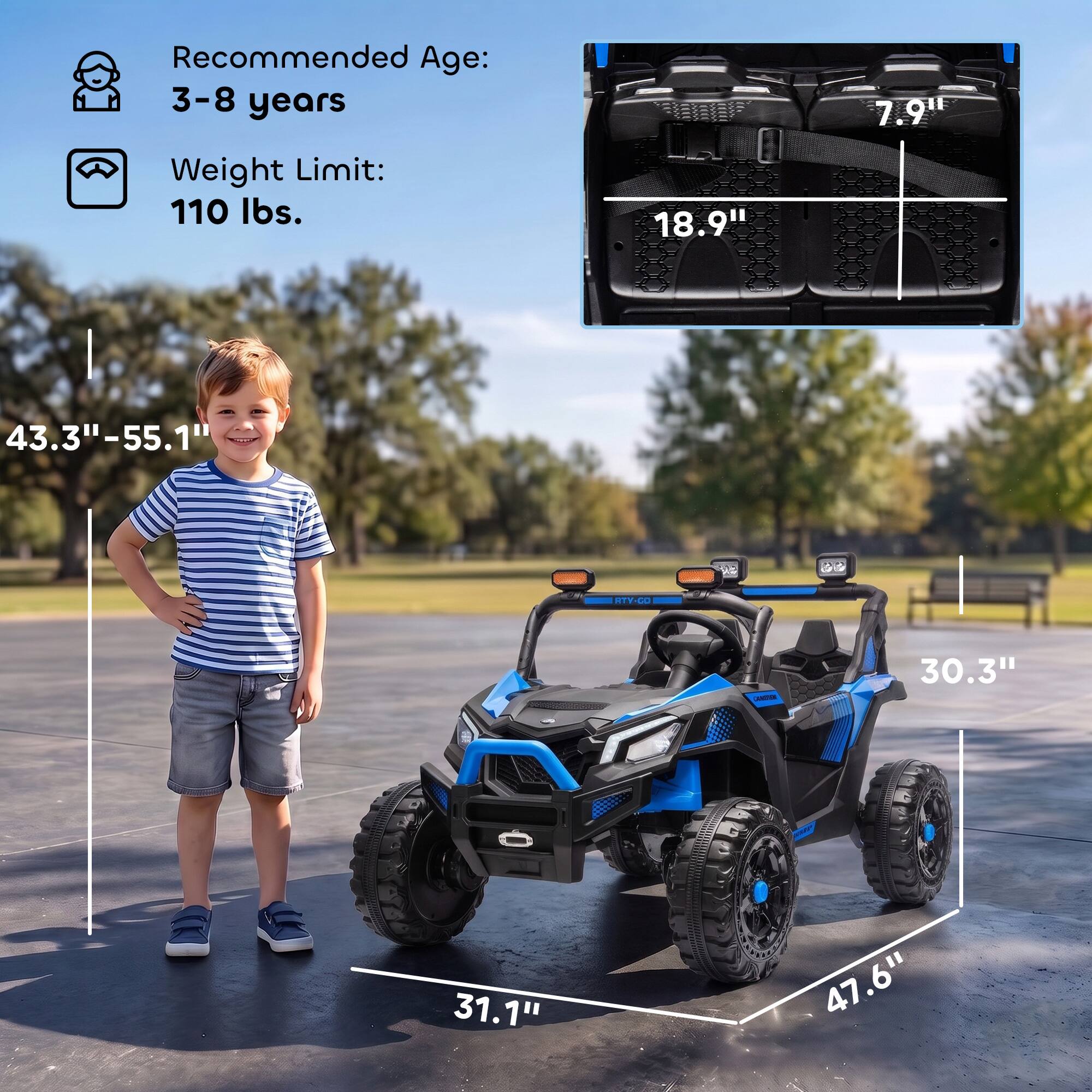 Recommended Age: 3-8 years  
Weight Limit: 110 lbs.  
7.9"  
18.9"  
43.3"-55.1"  
30.3"  
31.1"  
47.6"
