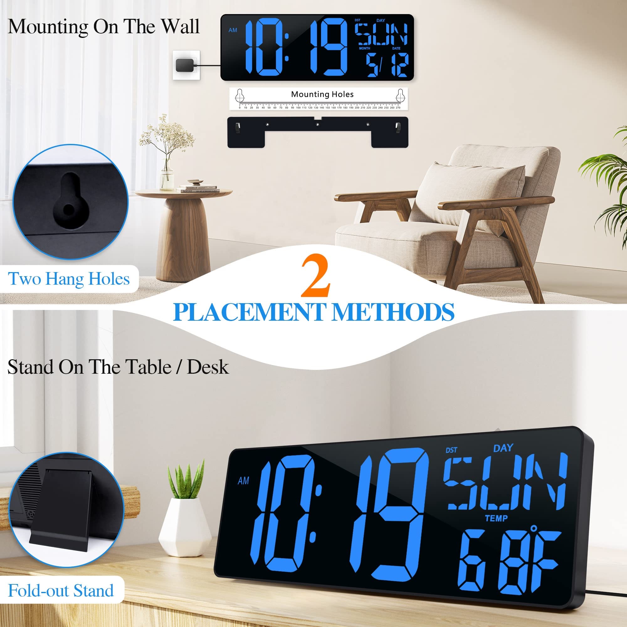 Dazzed Corner Large Digital Wall Clock with Remote, Auto Dimming