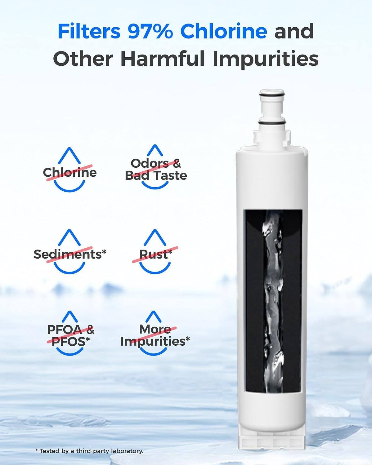 Filters 97% Chlorine and Other Harmful Impurities

- Chlorine
- Odors & Bad Taste
- Sediments*
- Rust*
- PFOA & More PFOS* Impurities*

*Tested by a third-party laboratory.