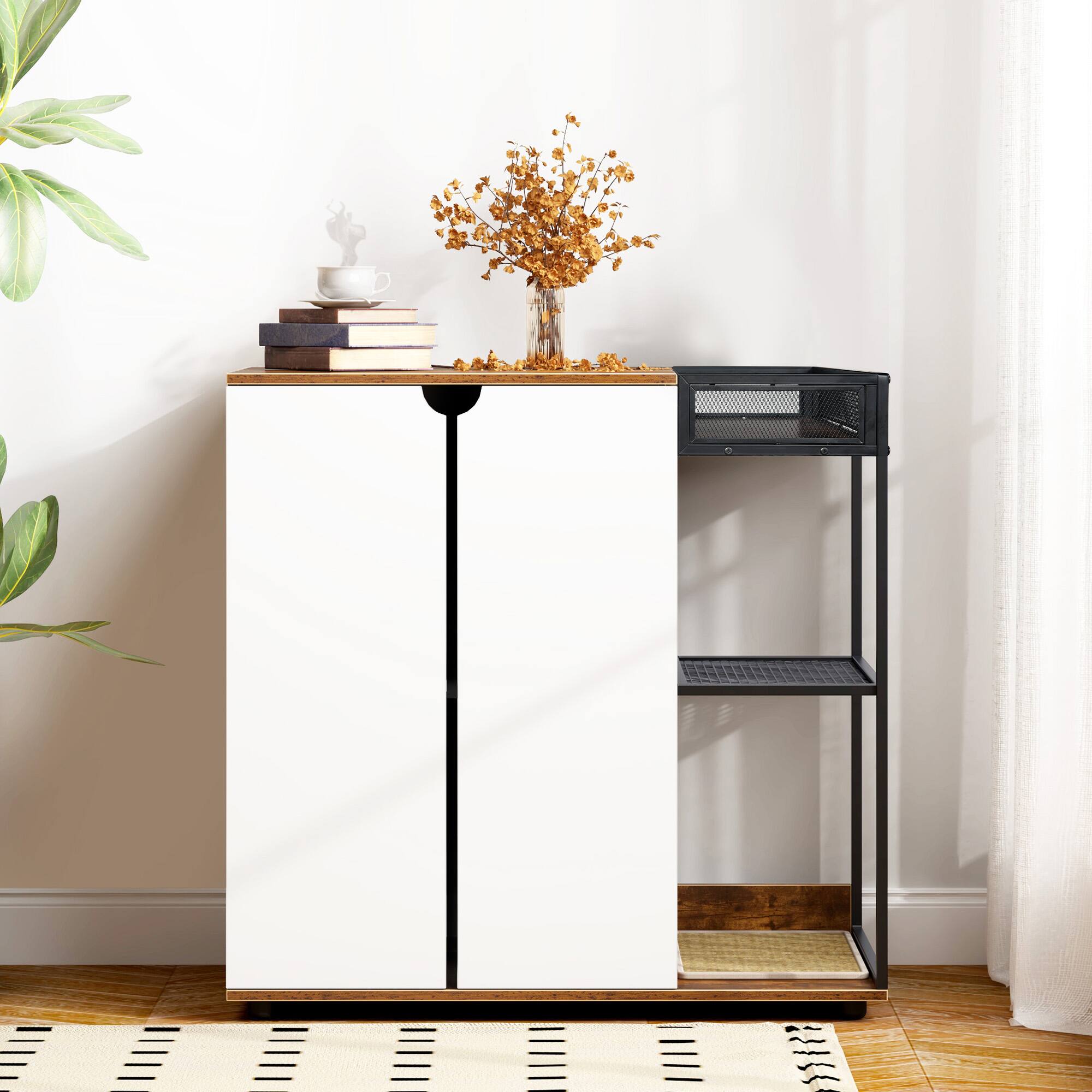 Angle. Yardgrace - Double Cat Litter Box Cabinet with Rattan Doors, Hidden Furniture, Rustic Brown, 47" Long - White.