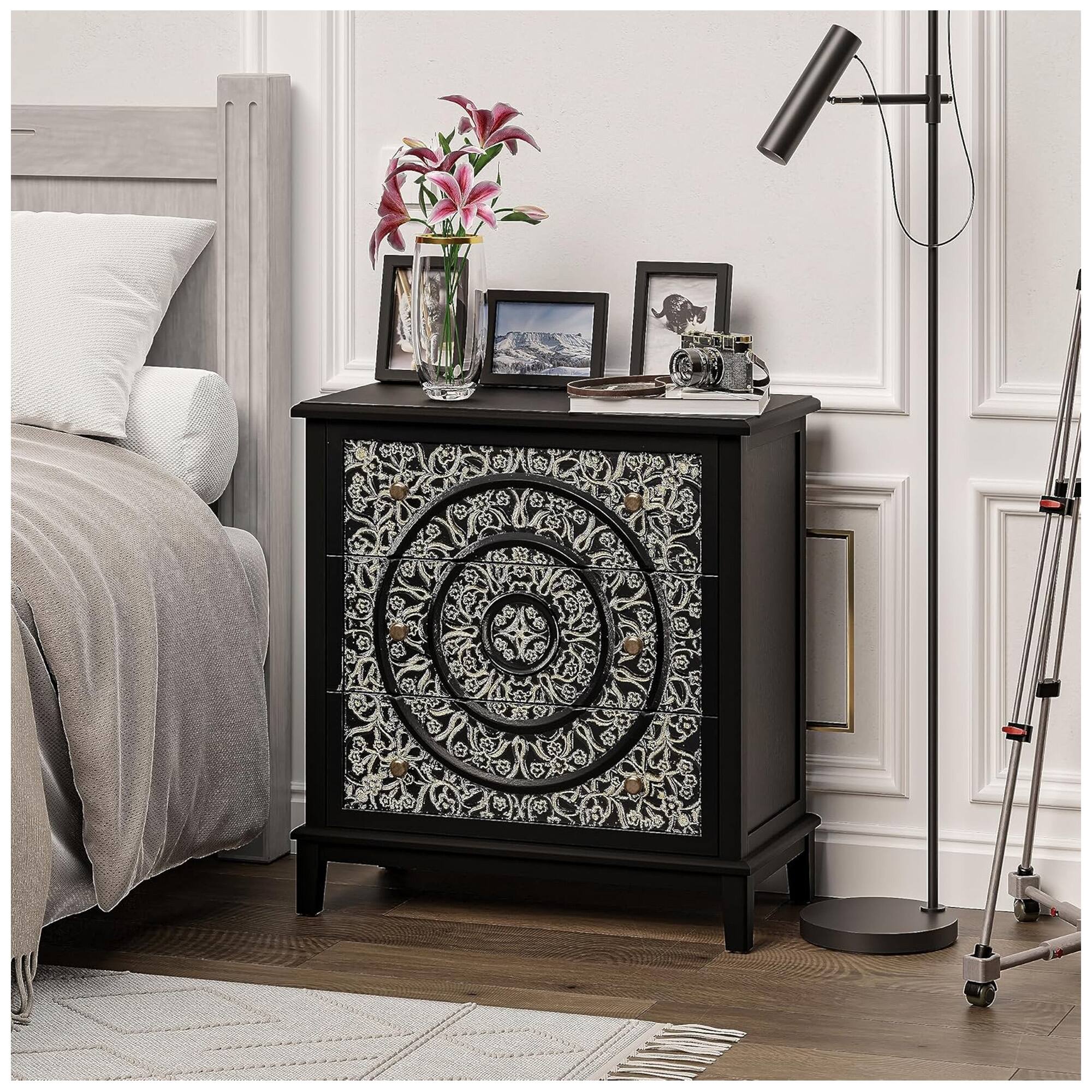 Alt View 4. COZAYH - COZAYH 3-Drawer Flower Motif Dresser Fully Assembled Furniture, Gold & Black - Gold & Black.