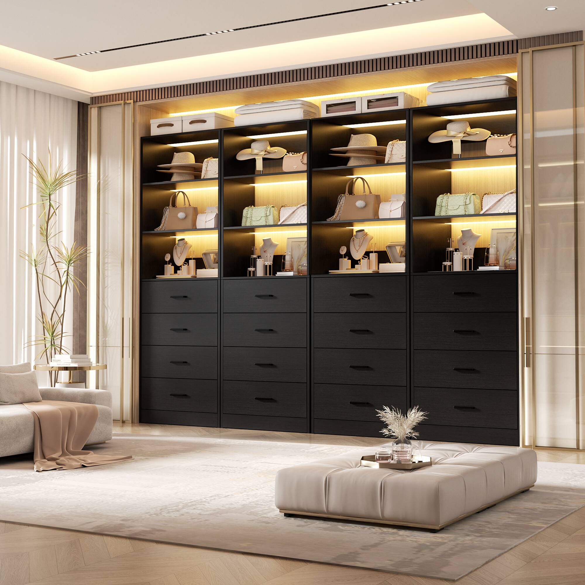 Left. Aheaplus - 7.1FT Freestanding Closet Organizer System 4-Piece Set, with 12 Wooden Drawers and 8 Shelves, Easy Assembly - Black.