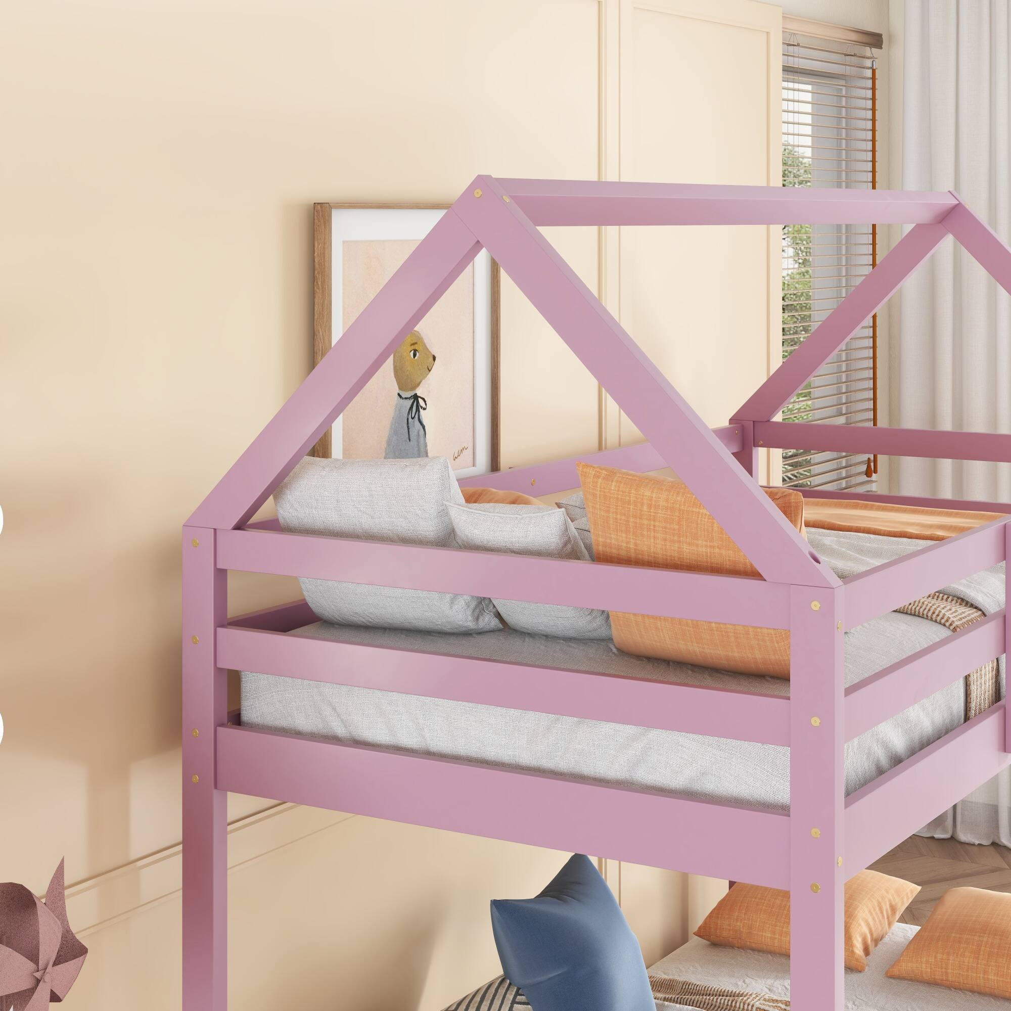 Alt View 8. GOODSILO - House-Shaped Twin Over Twin Rubber Wood Bunk Bed with Ladder and Guardrails for Kids - Pink.