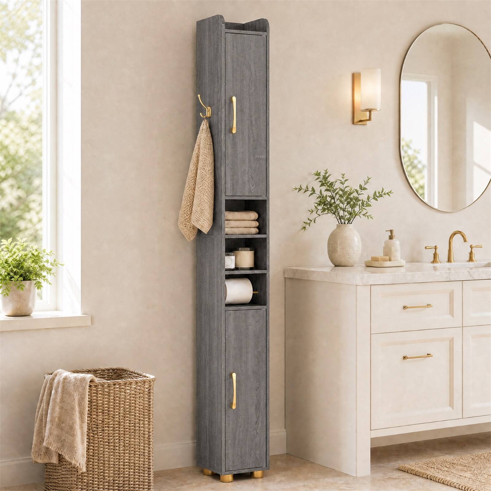 Alt View 5. Costway - Costway 2 PCS 69.5" Narrow Bathroom Cabinet with 2 Doors Adjustable Shelves Toilet Paper Rod - Gray.