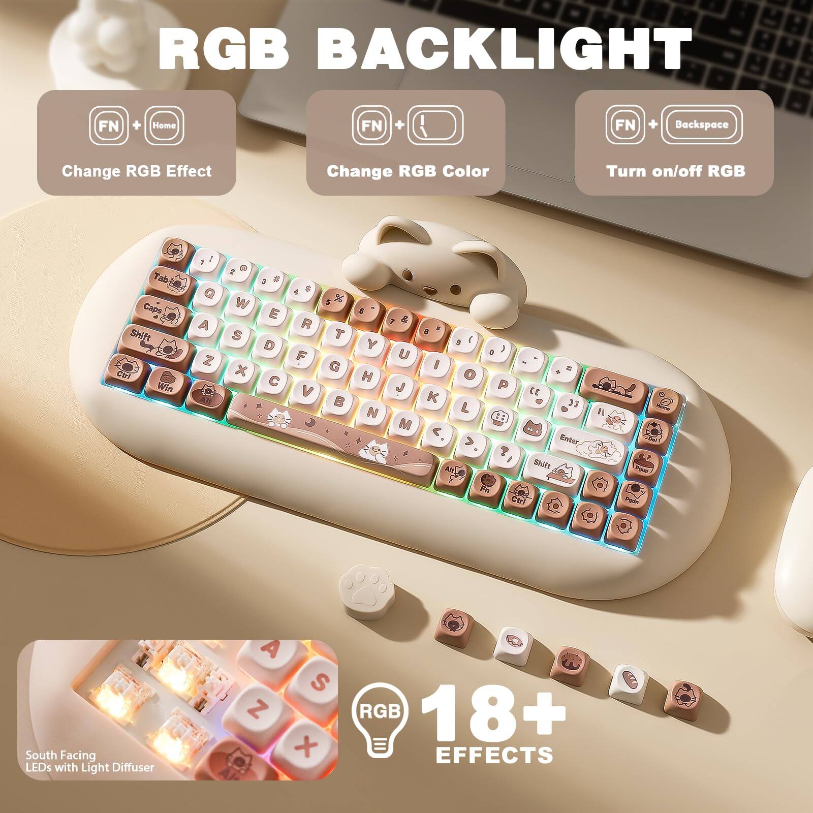 RGB BACKLIGHT

- FN + Home: Change RGB Effect
- FN + RGB Color: Change RGB Color
- FN + Backspace: Turn on/off RGB

18+ EFFECTS

South Facing LEDs with Light Diffuser