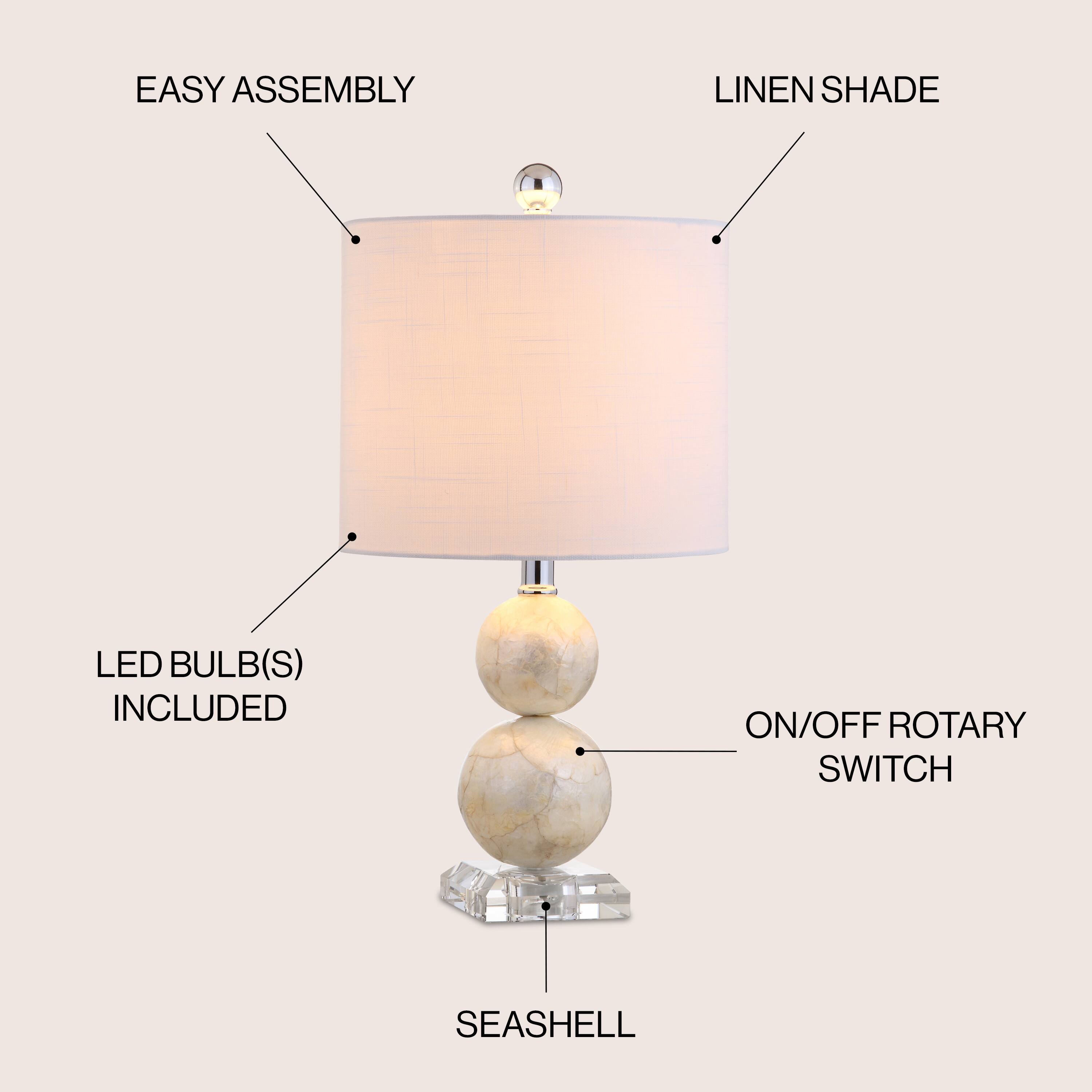 EASY ASSEMBLY  
LINEN SHADE  
LED BULB(S) INCLUDED  
ON/OFF ROTARY SWITCH  
SEASHELL