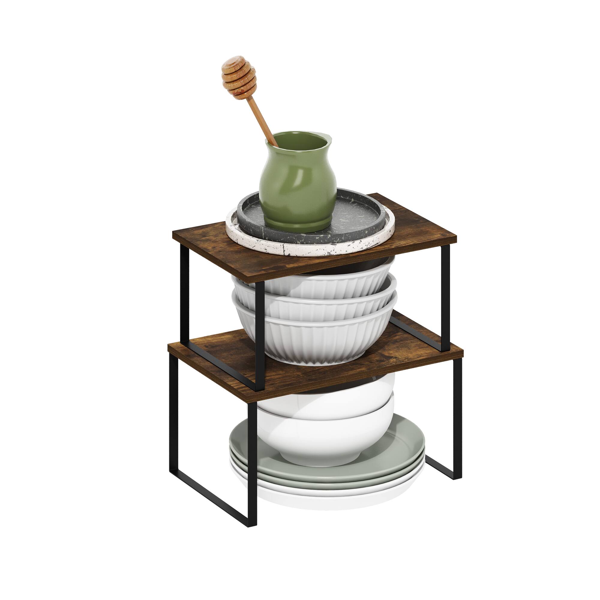 Alt View 2. Furinno - Ravel Multipurpose Expandable, Stackable Kitchen Counter Shelves, Set of 2 - Amber Pine/Black.