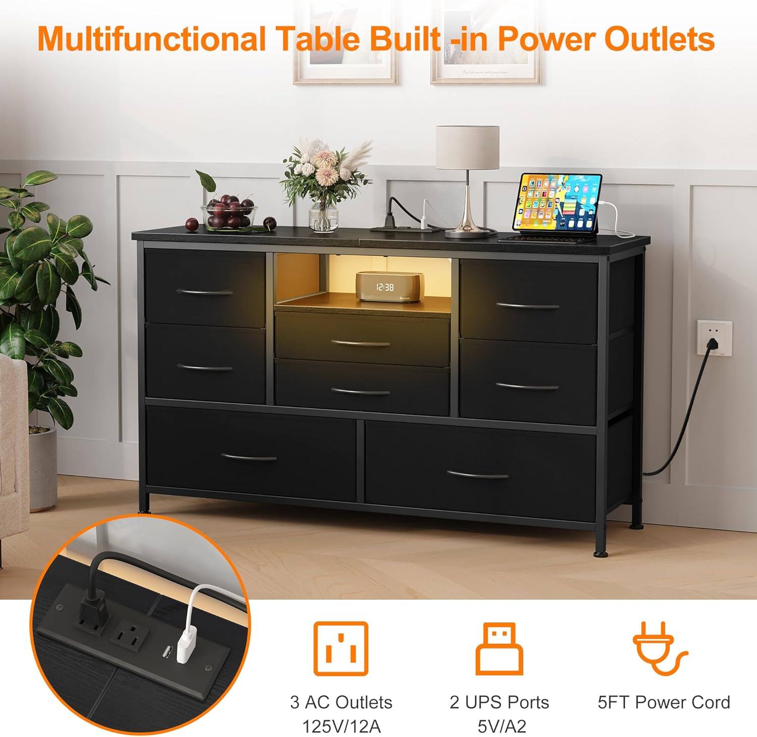 Multifunctional Table Built-in Power Outlets

3 AC Outlets  
125V/12A

2 UPS Ports  
5V/A2

5FT Power Cord