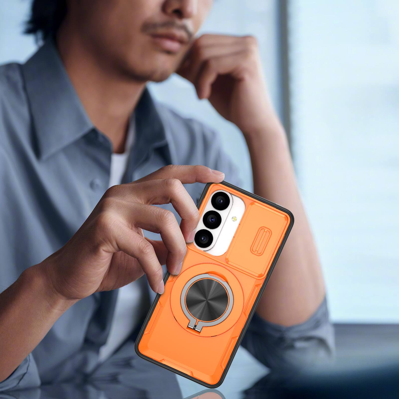 Alt View 3. UUCOVER - For Samsung Galaxy S26+ Heavy Duty Case with Slide Camera Lens Cover, Rotatable Magnetic Ring Kickstand Shockproof Cover - Orange.
