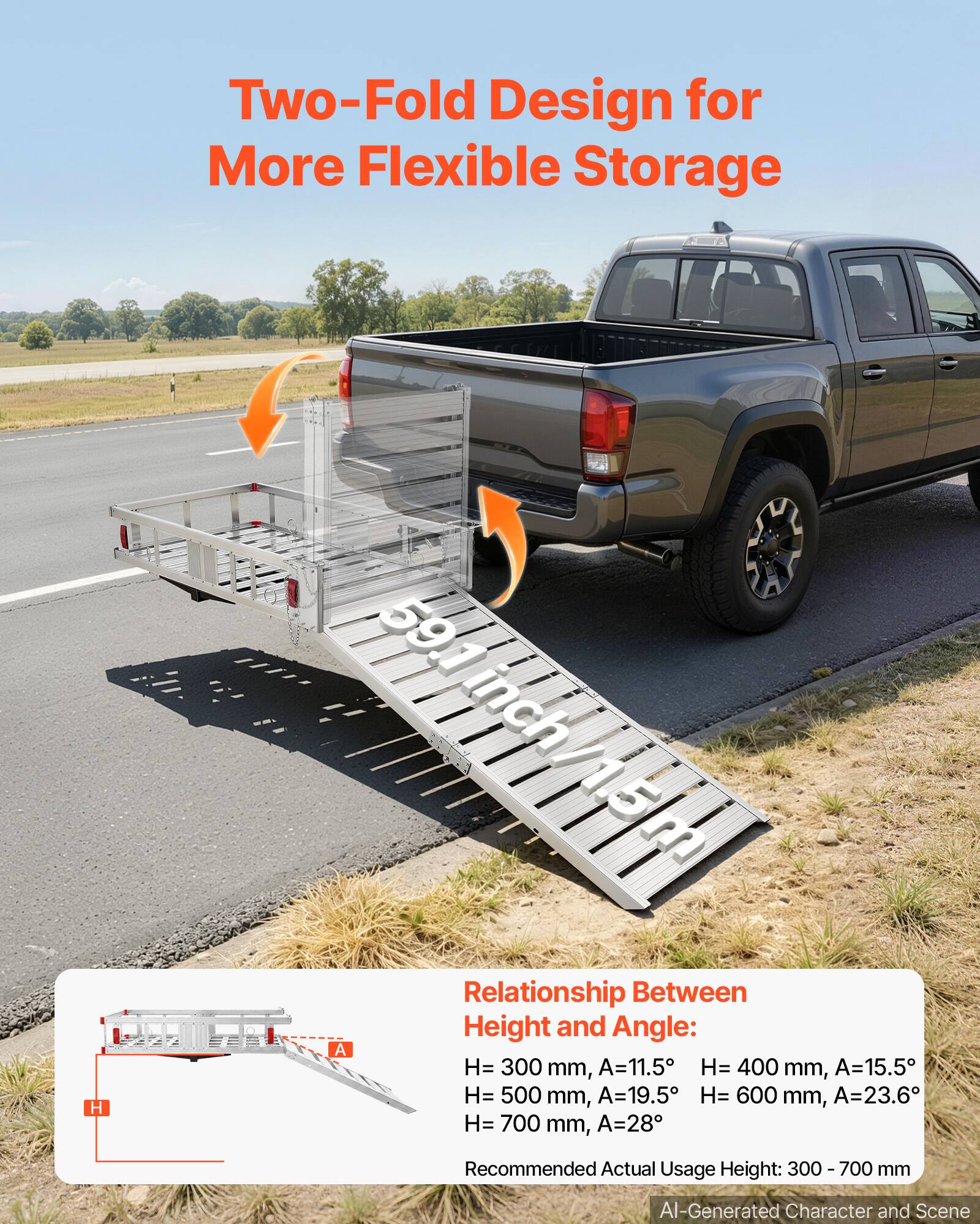 Two-Fold Design for More Flexible Storage

59.1 (59.1 inch/15m) /1.5m

Relationship Between Height and Angle:
H= 300 mm, A=11.5°
H= 400 mm, A=15.5°
H= 500 mm, A=19.5°
H= 600 mm, A=23.6°
H= 700 mm, A=28°

Recommended Actual Usage Height: 300-700 mm

AI-Generated Character and Scene