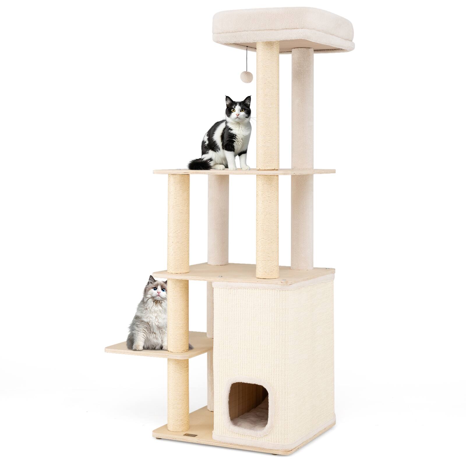 Alt View 9. Gymax - Gymax 63'' Tall Wooden Cat Tree w/2-Story Condo Plush Padded Top Perch Dangling Ball.
