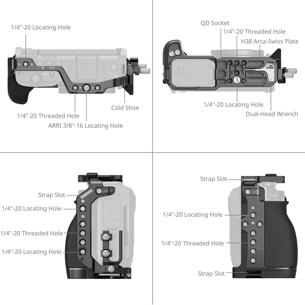 1/4"-20 Locating Hole  
1/4"-20 Threaded Hole  
ARRI 3/8"-16 Locating Hole  
QD Socket  
1/4"-20 Threaded Hole  
H38 Arca-Swiss Plate  
Cold Shoe  
Dual-Head Wrench  
Strap Slot  
1/4"-20 Locating Hole  
1/4"-20 Threaded Hole  
1/4"-20 Locating Hole