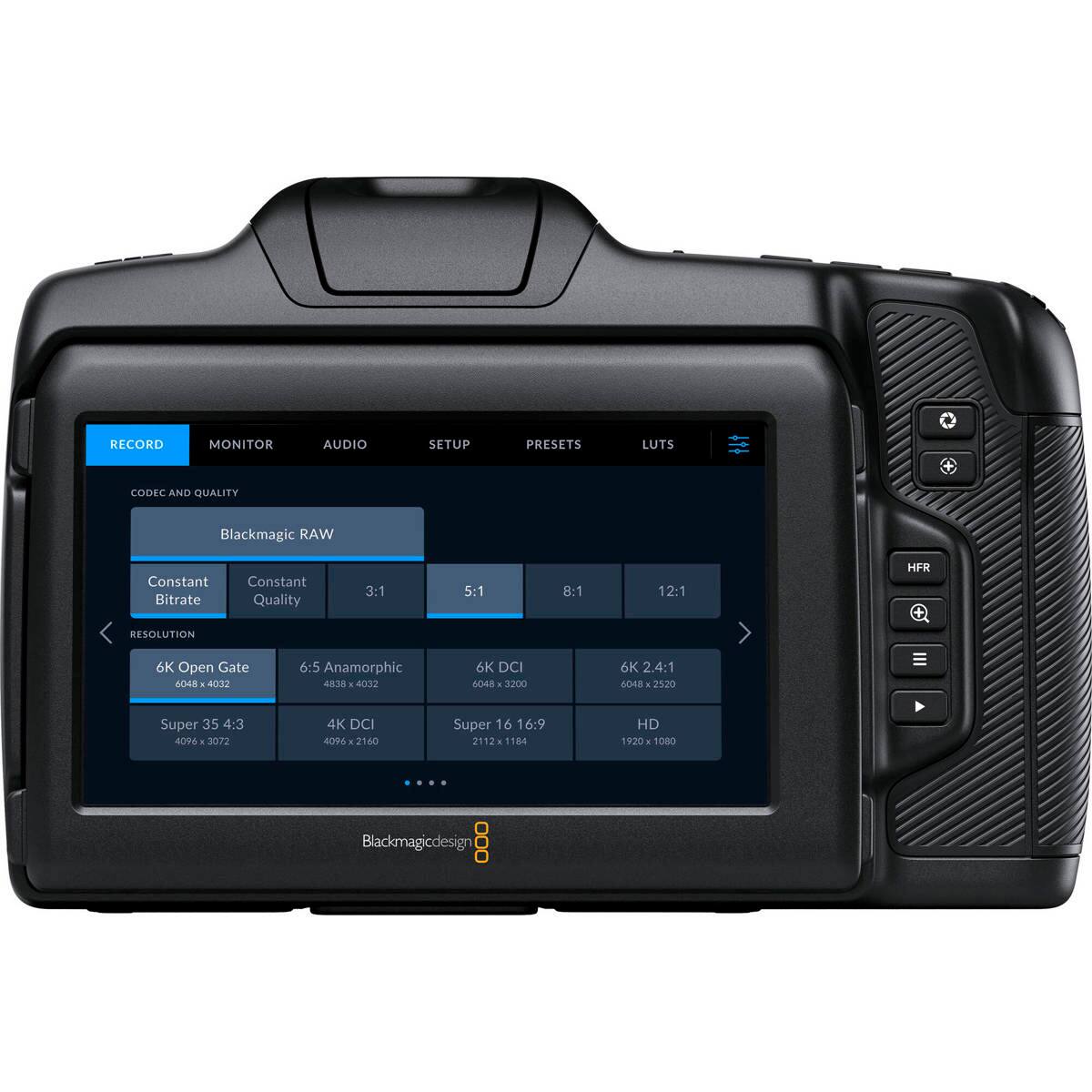 RECORD  
MONITOR  
AUDIO  
SETUP  
PRESETS  
LUTS  

CODEC AND QUALITY  
Blackmagic RAW  
Constant Bitrate  
Constant Quality  
3:1  
5:1  
8:1  
12:1  

RESOLUTION  
6K Open Gate 6048 x 4032  
6:5 Anamorphic 4838 x 4032  
6K DCI 6048 x 3200  
6K 2.4:1 6048 x 2520  
Super 35 4:3 4096 x 3072  
4K DCI 4096 x 2160  
Super 16 16:9 2112 x 1184  
HD 1920 x 1080  

Blackmagicdesign
