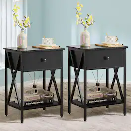 Vecelo - Set of 2 Nightstand with Drawer - Bedside Table with Storage Shelf, Compact End Table for Bedroom, MDF Wood Nightstand - Black