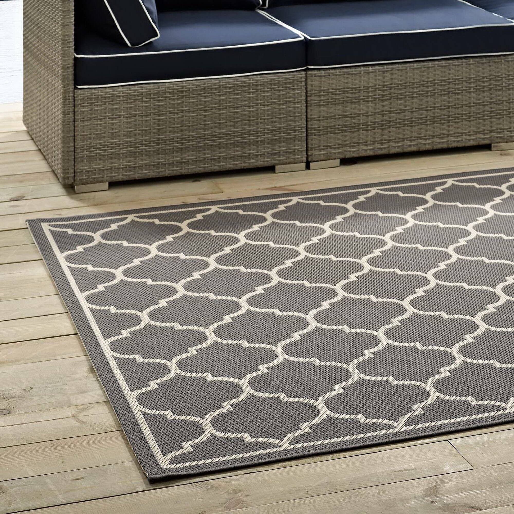 Back. Modway - Avena Moroccan Quatrefoil Trellis Indoor and Outdoor Area Rug - Gray and Beige.