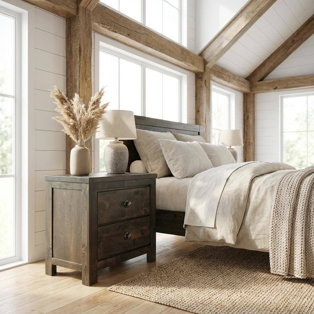 Alt View 2. FurniFact - Rustic Gray Solid Wood Nightstand with Classic Design for Bedroom - Rustic Gray.