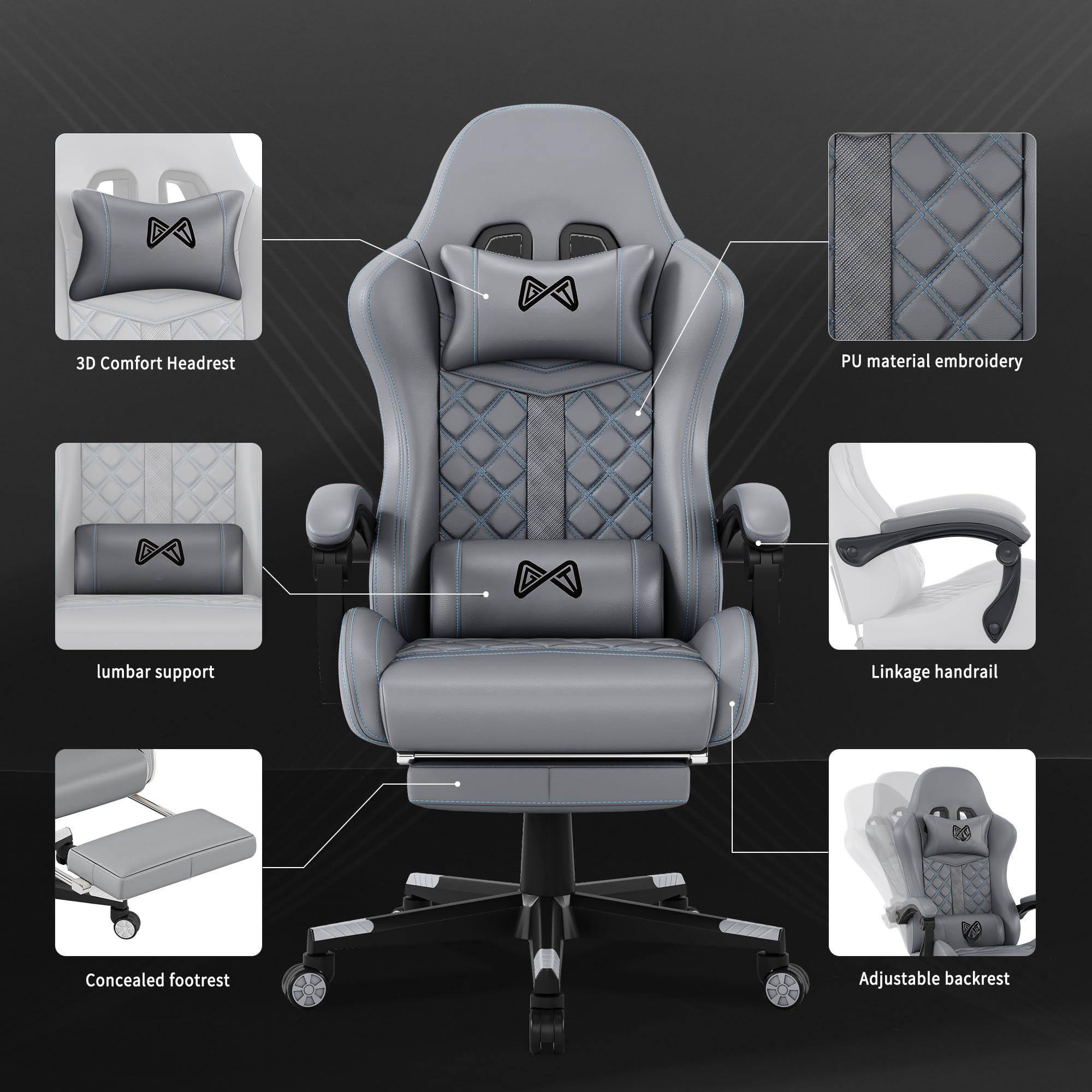 - 3D Comfort Headrest
- PU material embroidery
- Lumbar support
- Linkage handrail
- Concealed footrest
- Adjustable backrest