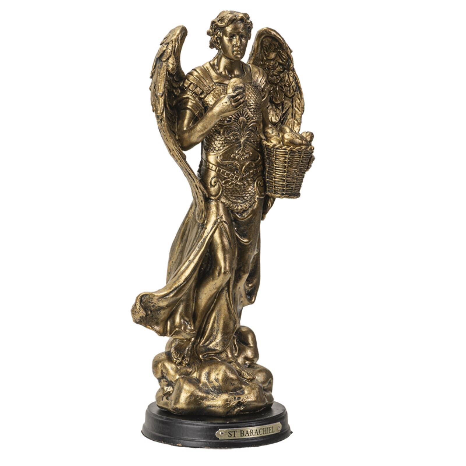 Alt View 1. Pacific Trading - St. Barachiel Archangel Blessings from God Figurine 8 Inch Tall Wooden Base with Brass Name Plate - Bronze.
