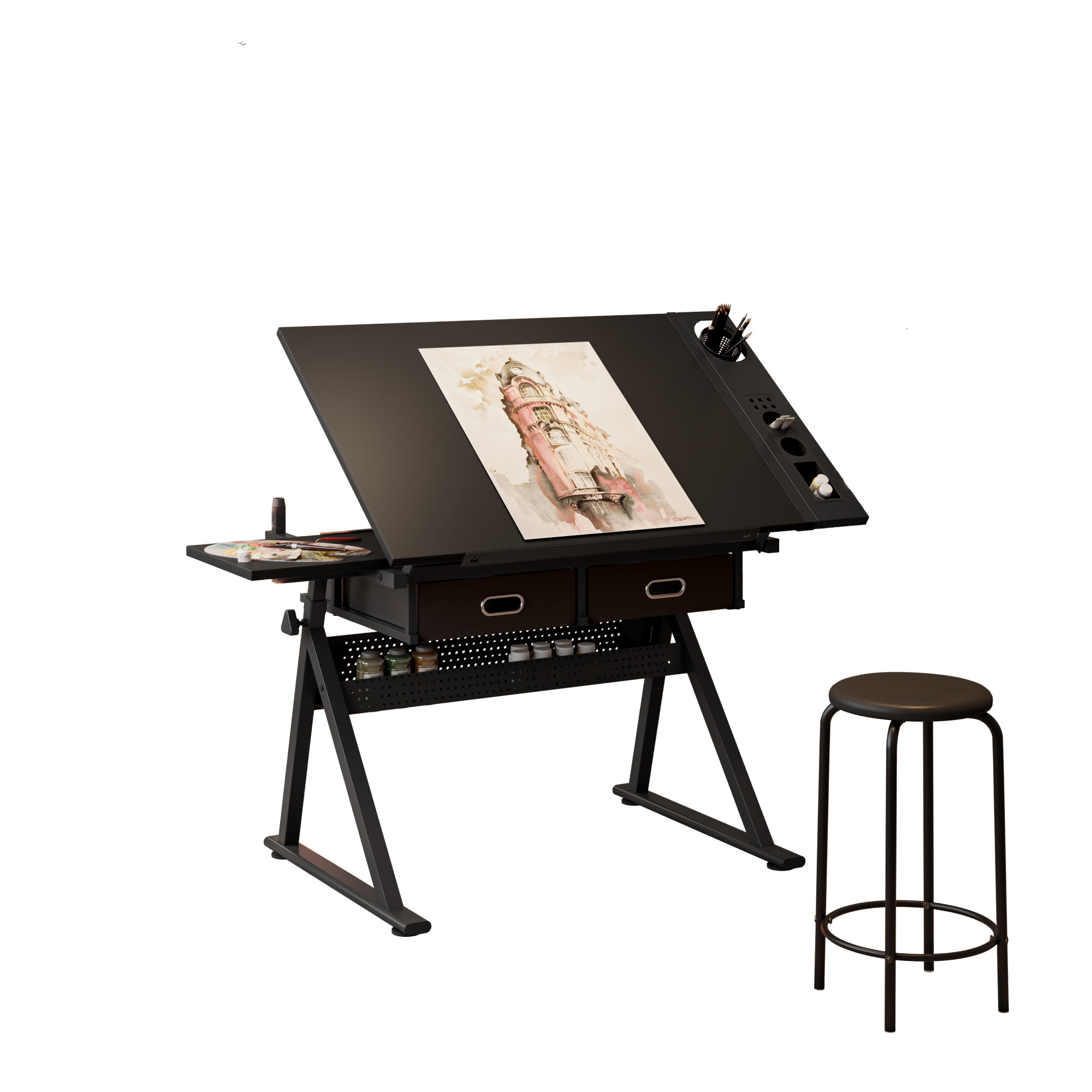 Alt View 1. GOODSILO - Adjustable Height Tiltable Drafting Table Desk with Storage Drawers and Included Stool for Artists and Students - Black.