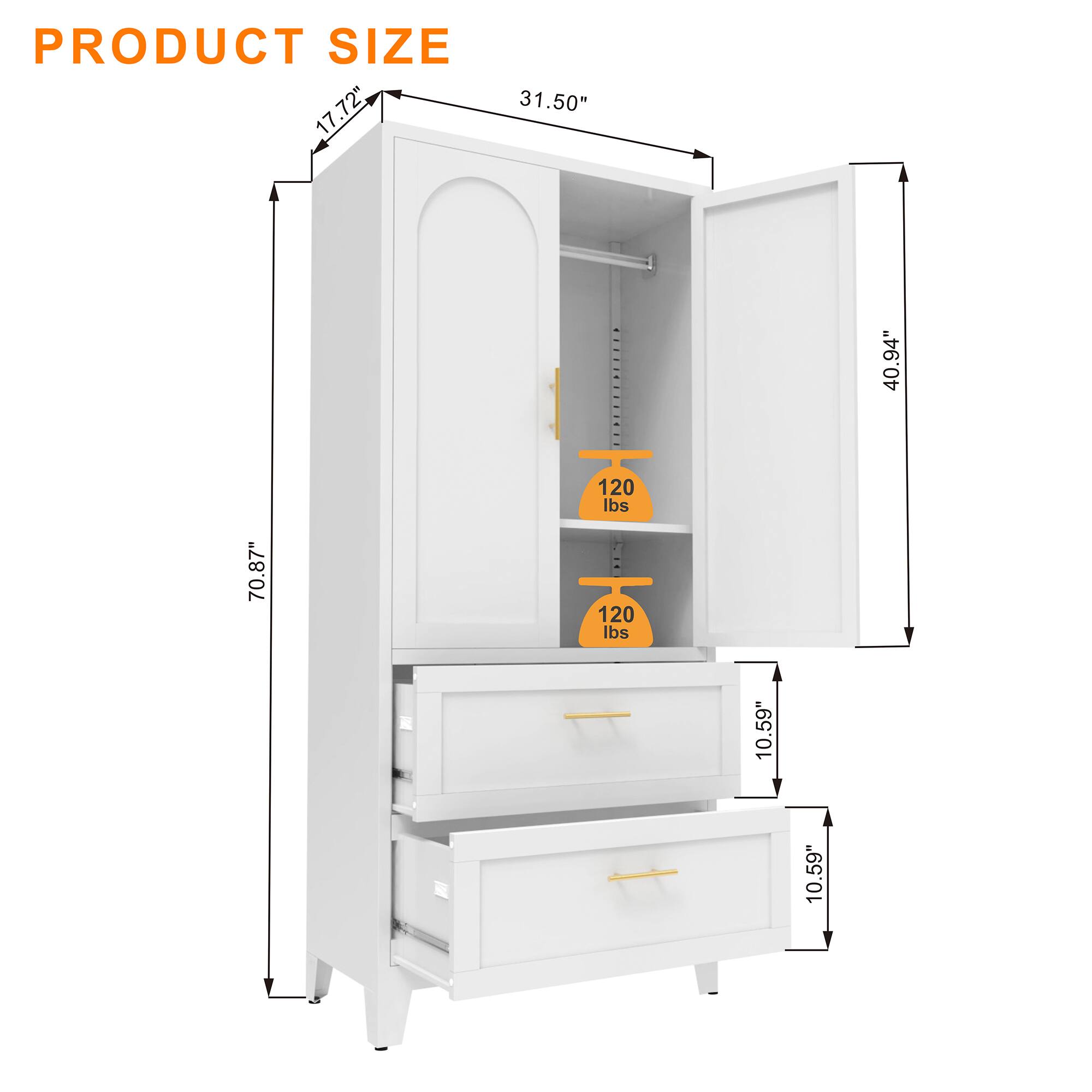 PRODUCT SIZE  
17.72" x 31.50" x 70.87"  
40.94"  
120 lbs  
10.59" x 10.59"