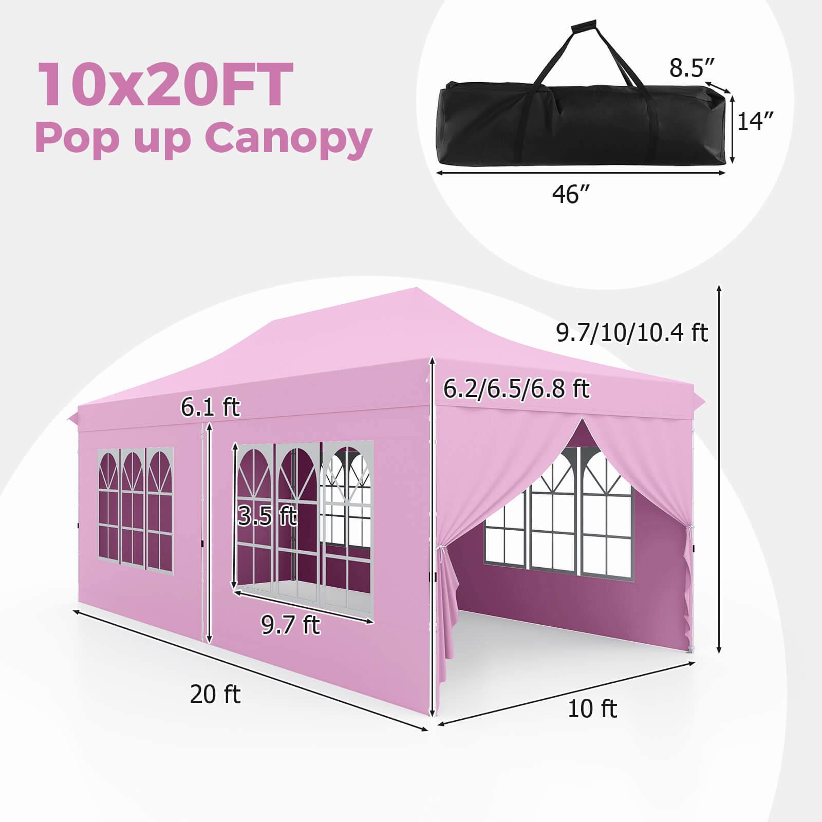 10x20FT Pop up Canopy

- 20 ft (width)
- 10 ft (depth)
- 9.7 ft (height)
- 6.1 ft (height)
- 6.2/6.5/6.8 ft (height)
- 3.5 ft (height)
- 9.7/10/10.4 ft (height)
- 46" (length of bag)
- 14" (width of bag)
- 8.5" (height of bag)