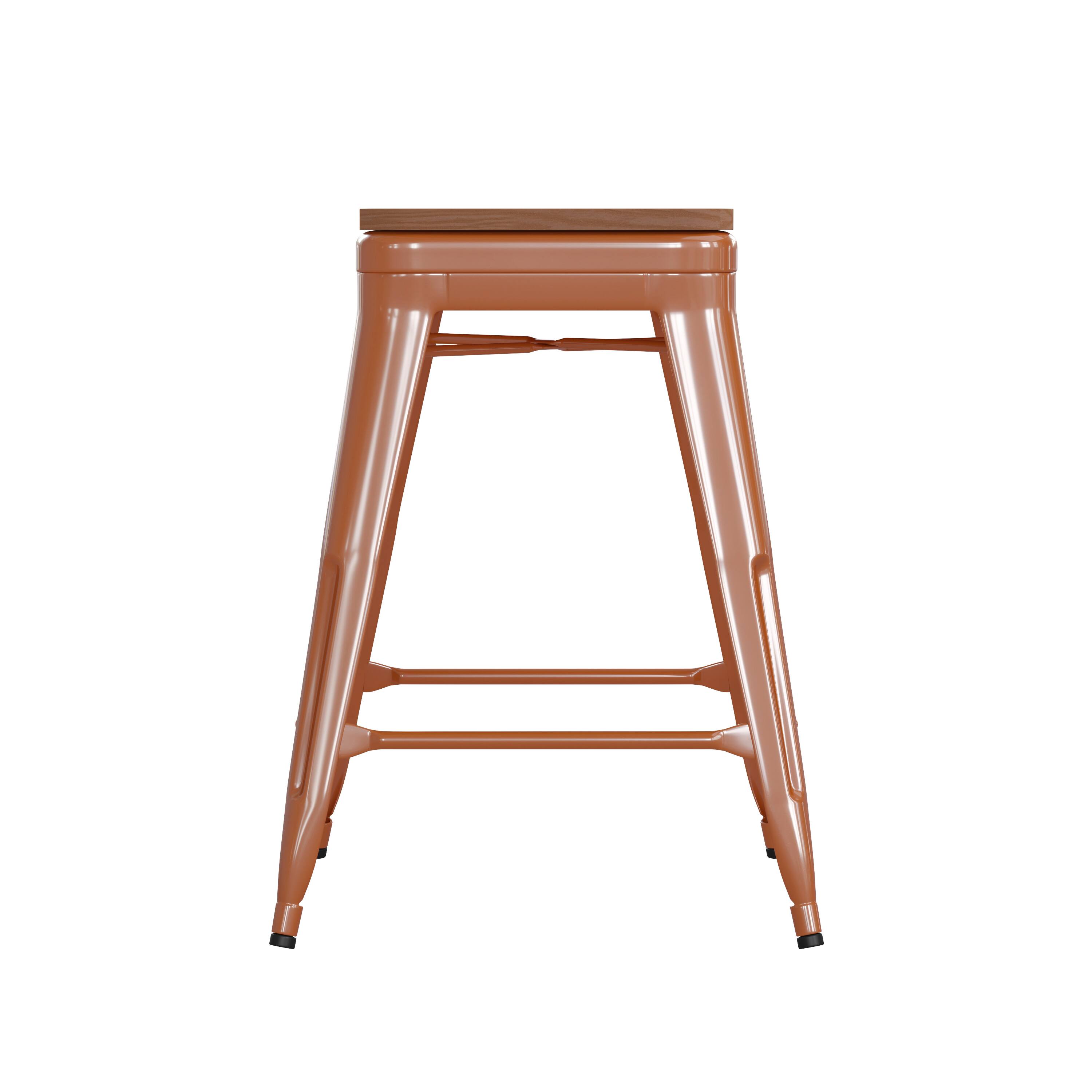 Alt View 8. Emma + Oliver - Kam Backless Metal Indoor-Outdoor Stool with All-Weather Polystyrene Seat - Teak Seat/Orange Frame.