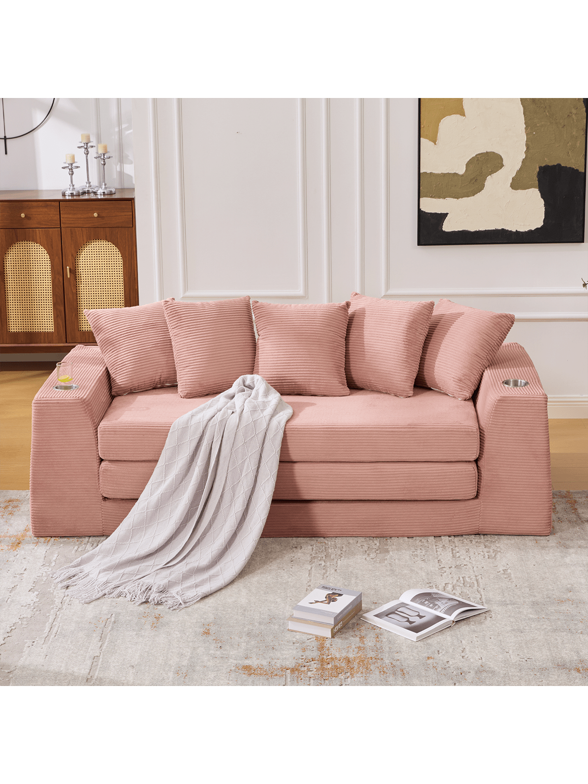Alt View 2. Trinkets Crazed - 82.25" Convertible Sofa Bed, Loveseat Sleeper Sofa, 2 In 1 Sofa, Corduroy Pull Out Sofa Bed, 5 Pillows, Side Pocket - Pink.