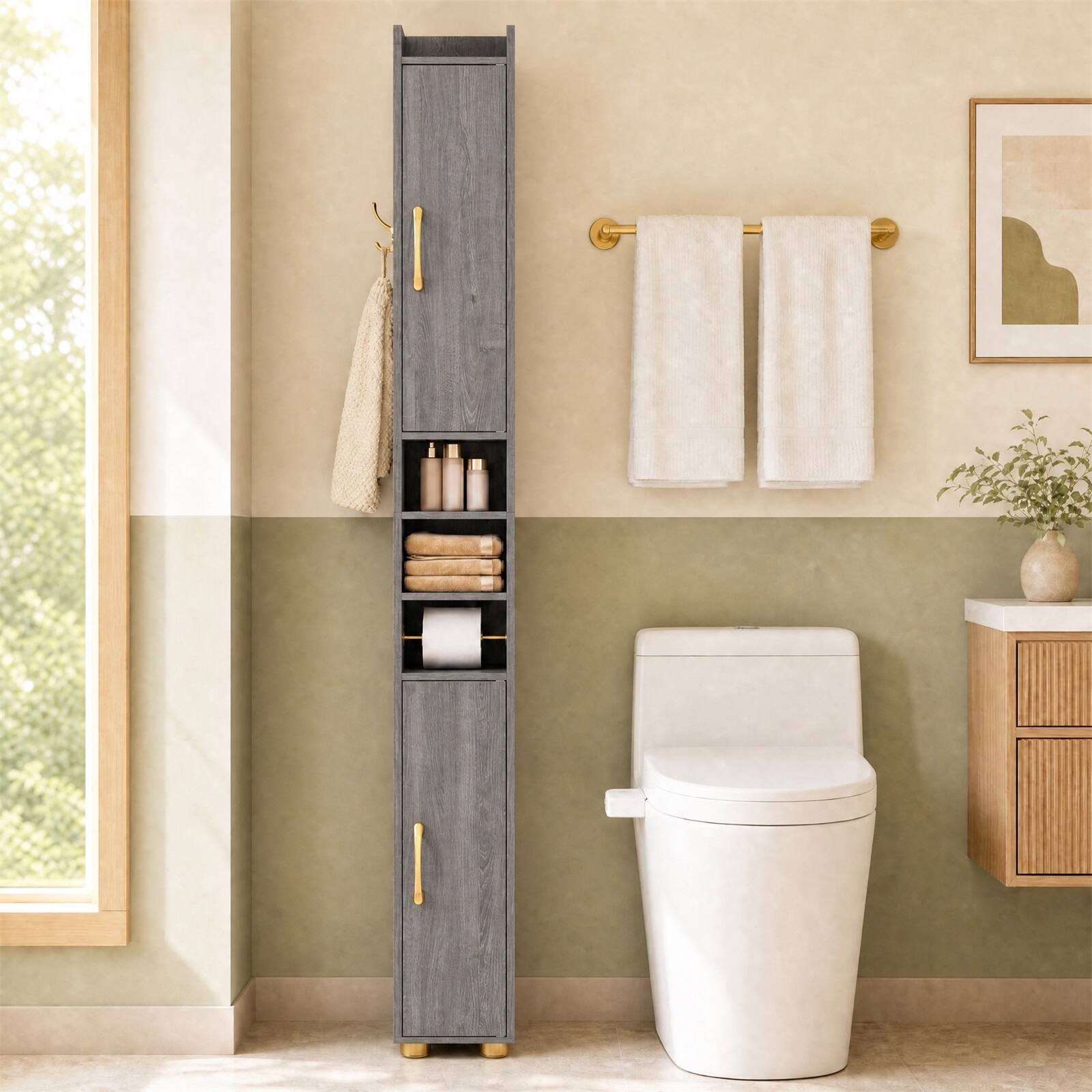 Alt View 3. Costway - Costway 2 PCS 69.5" Narrow Bathroom Cabinet with 2 Doors Adjustable Shelves Toilet Paper Rod - Gray.
