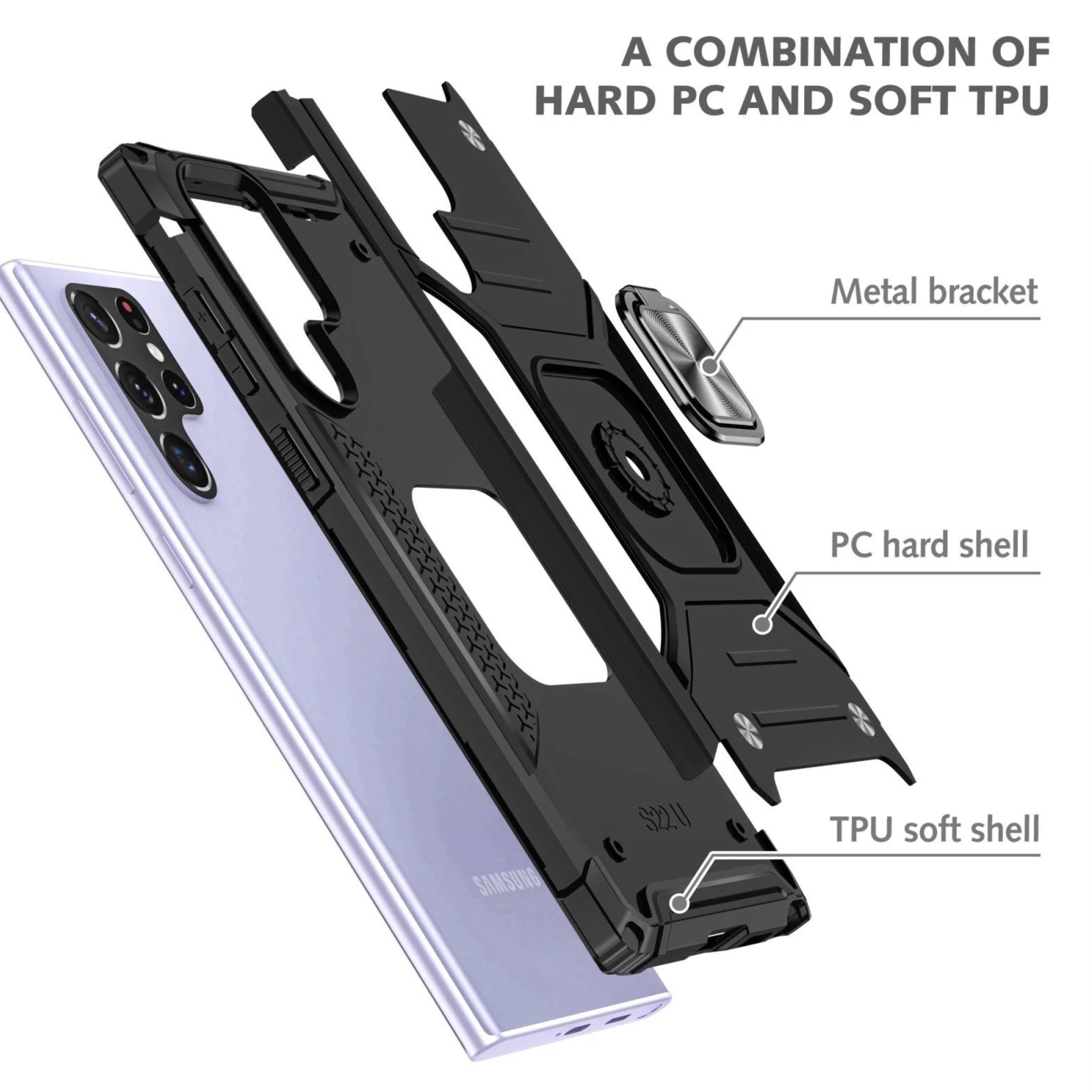A combination of hard PC and soft TPU. Metal bracket, PC hard shell, TPU soft shell.
