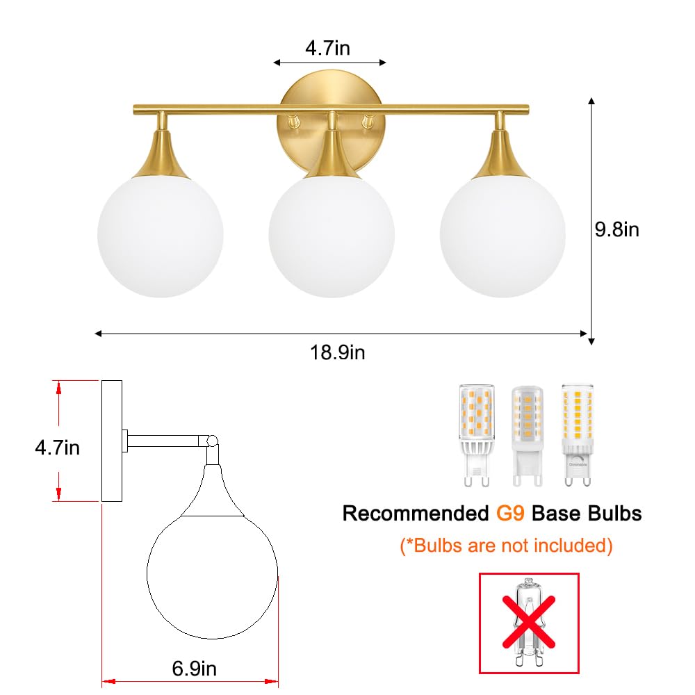 4.7in  
9.8in  
18.9in  
4.7in  

Recommended G9 Base Bulbs  
(*Bulbs are not included)  

6.9in
