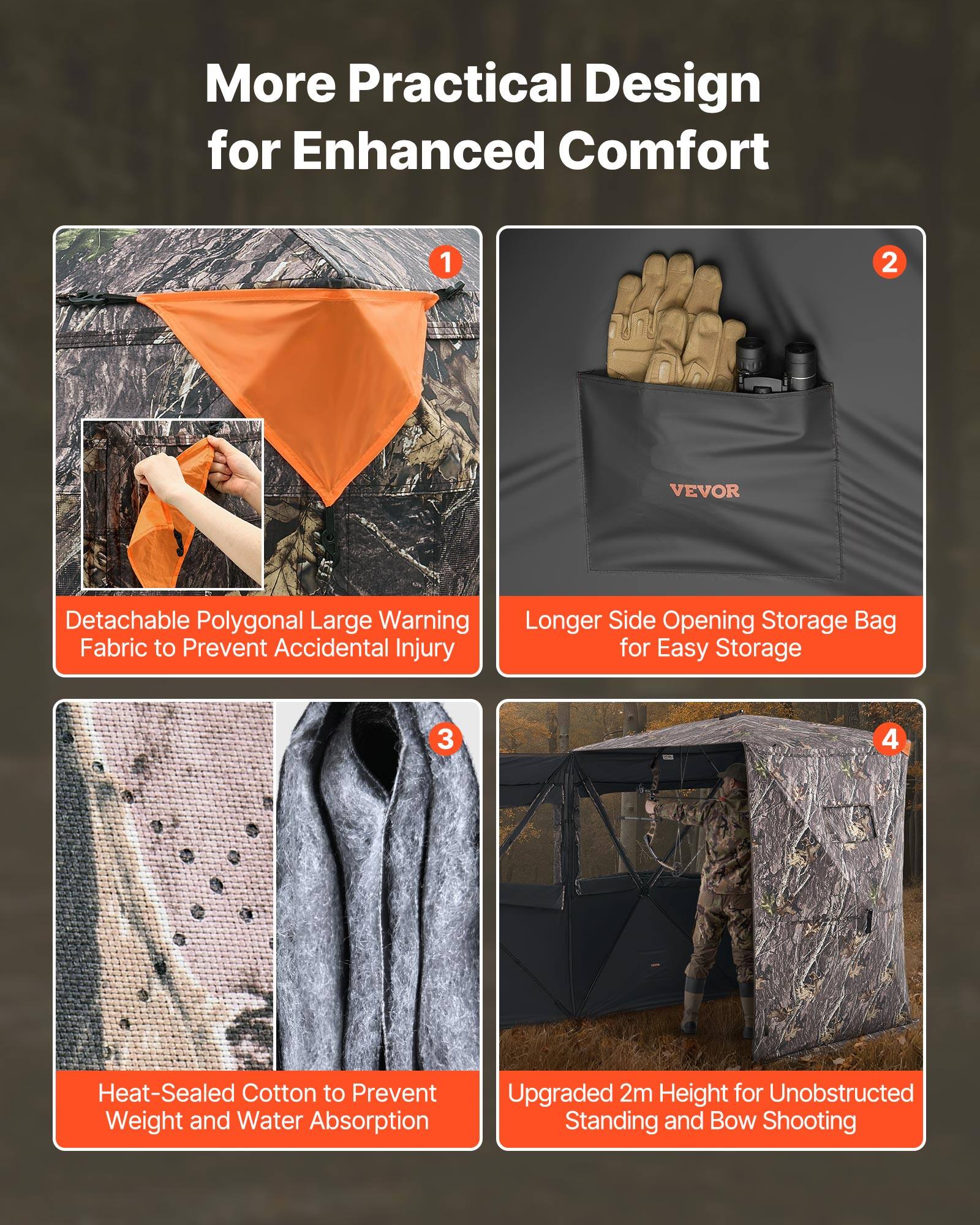 More Practical Design for Enhanced Comfort

1. Detachable Polygonal Large Warning Fabric to Prevent Accidental Injury
2. Longer Side Opening Storage Bag for Easy Storage
3. Heat-Sealed Cotton to Prevent Weight and Water Absorption
4. Upgraded 2m Height for Unobstructed Standing and Bow Shooting
