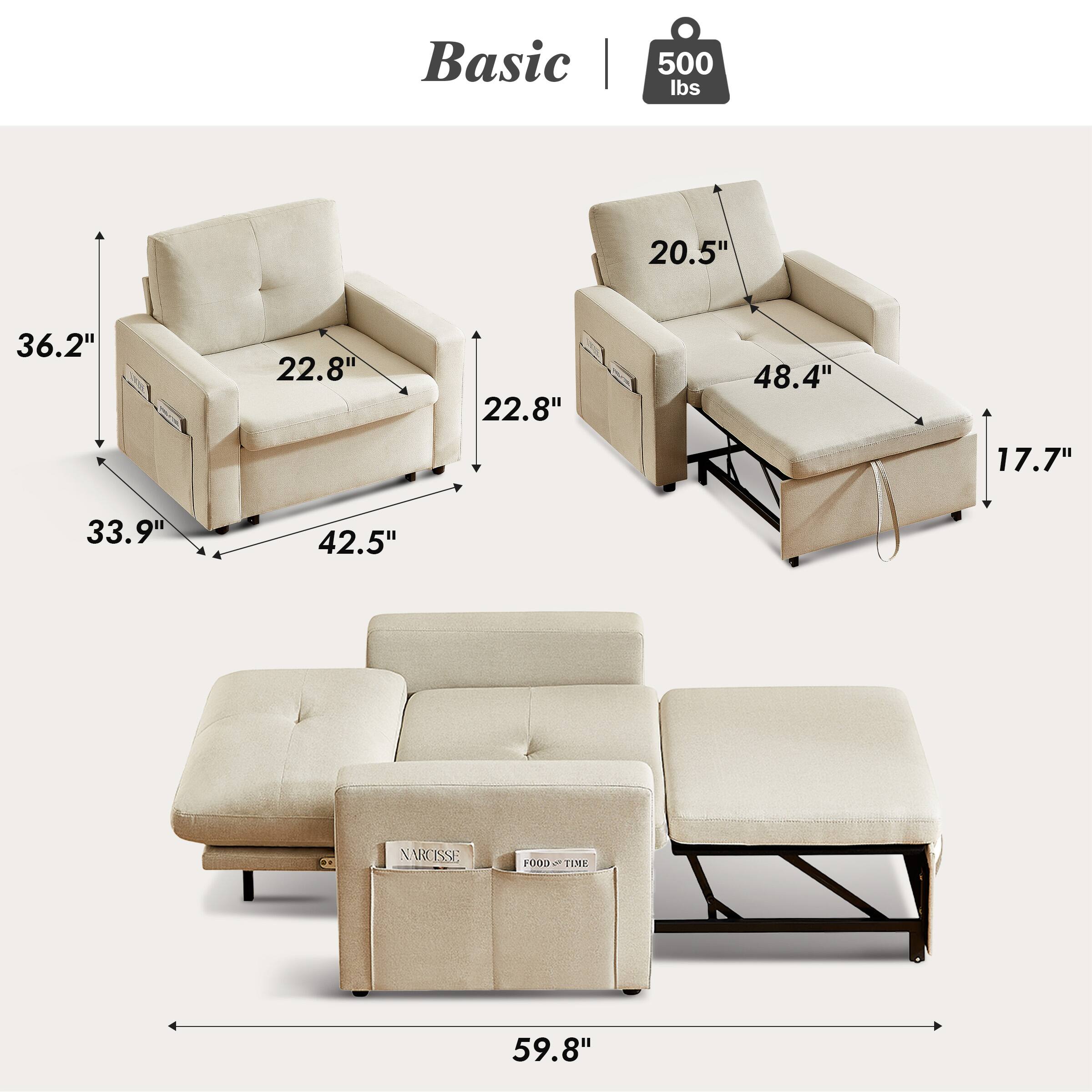 Basic  
500 lbs  

Dimensions:  
- Width: 59.8"  
- Depth: 33.9"  
- Height: 36.2"  
- Seat Width: 22.8"  
- Seat Depth: 22.8"  
- Arm Height: 20.5"  
- Back Height: 48.4"  
- Leg Height: 17.7"
