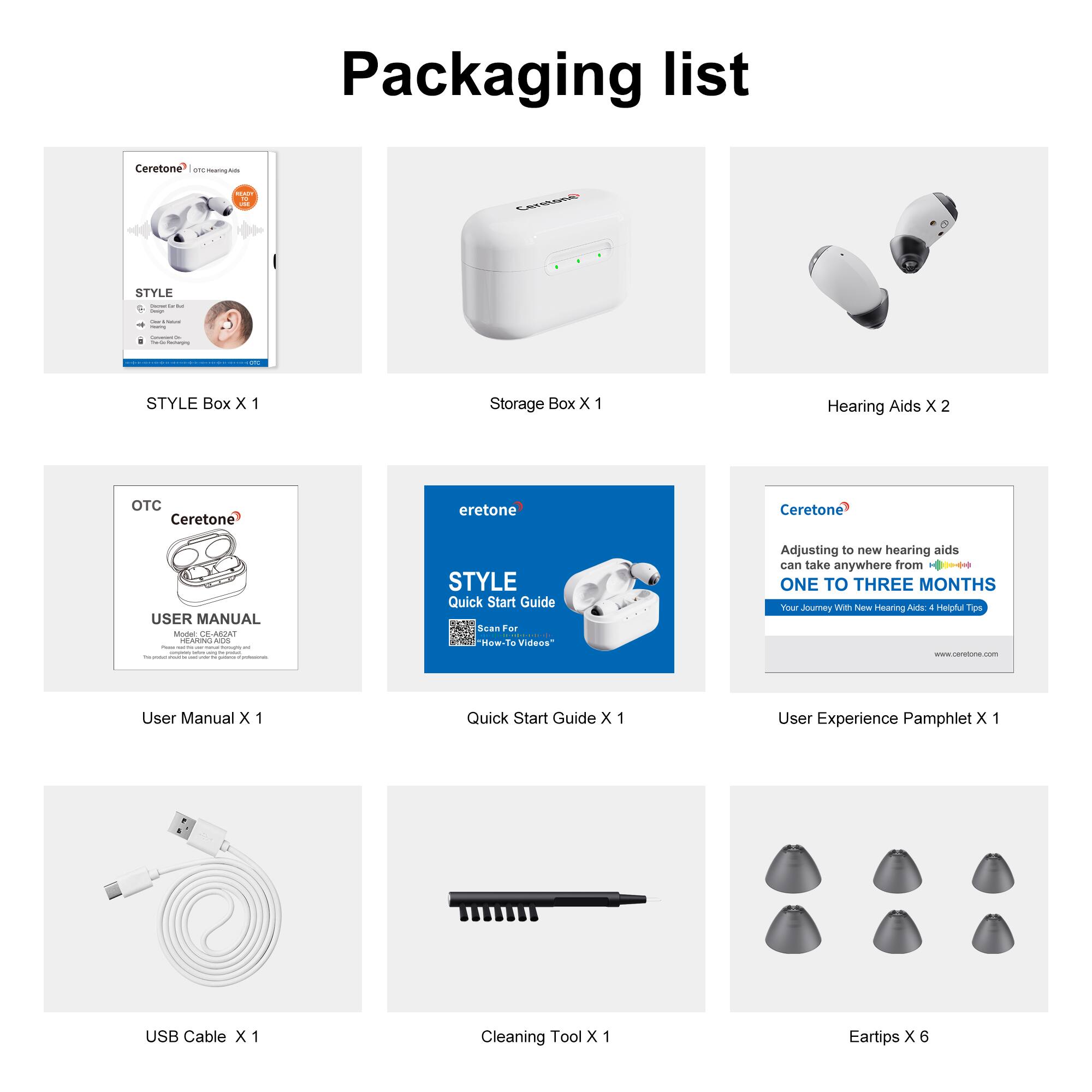 Packaging list

- STYLE Box X 1
- Storage Box X 1
- Hearing Aids X 2
- User Manual X 1
- Quick Start Guide X 1
- User Experience Pamphlet X 1
- USB Cable X 1
- Cleaning Tool X 1
- Eartips X 6

Adjusting to new hearing aids can take anywhere from ONE TO THREE MONTHS

Your Journey With New Hearing Aids: 4 Helpful Tips