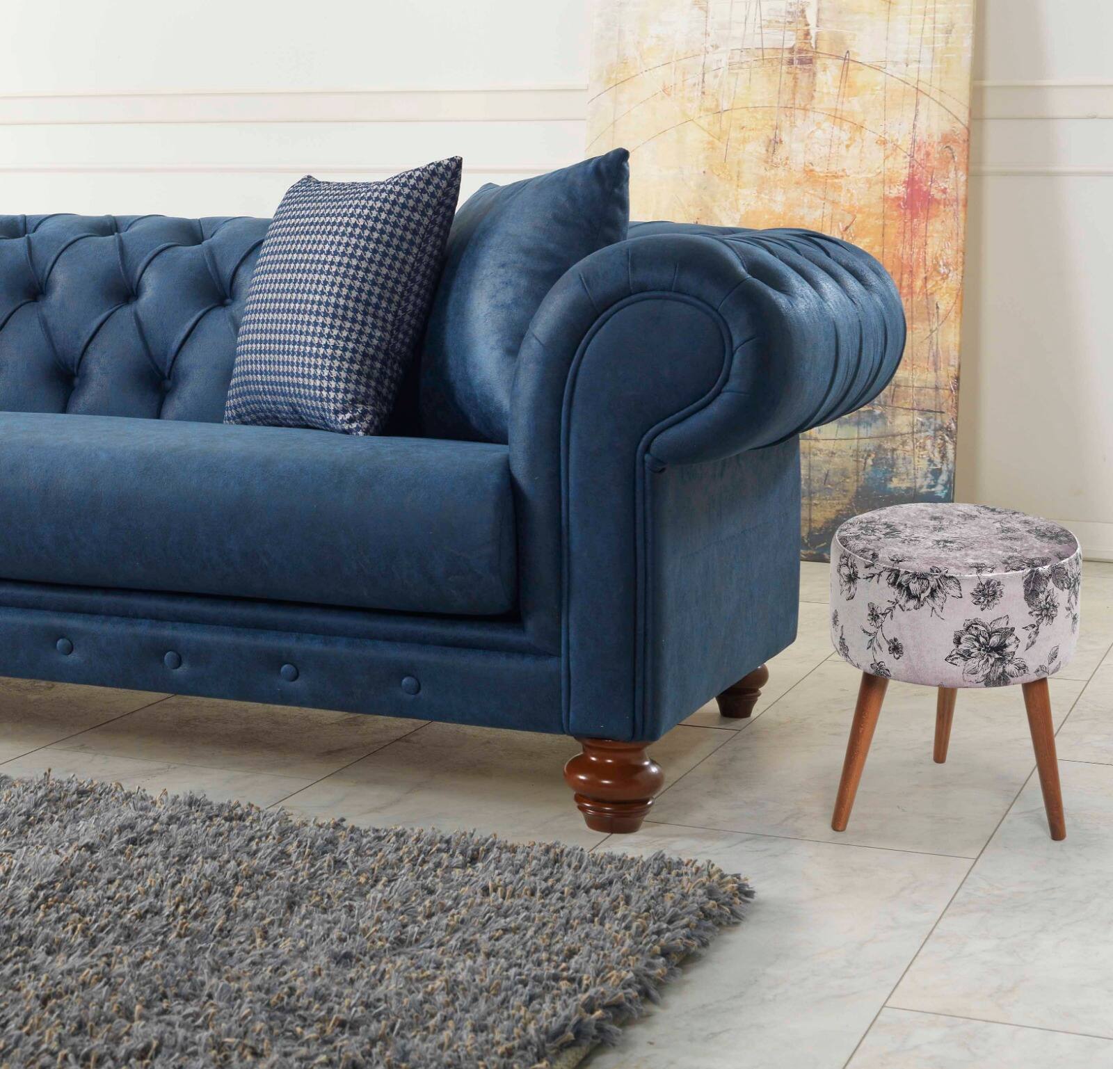 Angle. Tiramisubest - Charming 3-Leg Wood Ottoman with Patterned Cushion - Ivory Grey - Ivory.