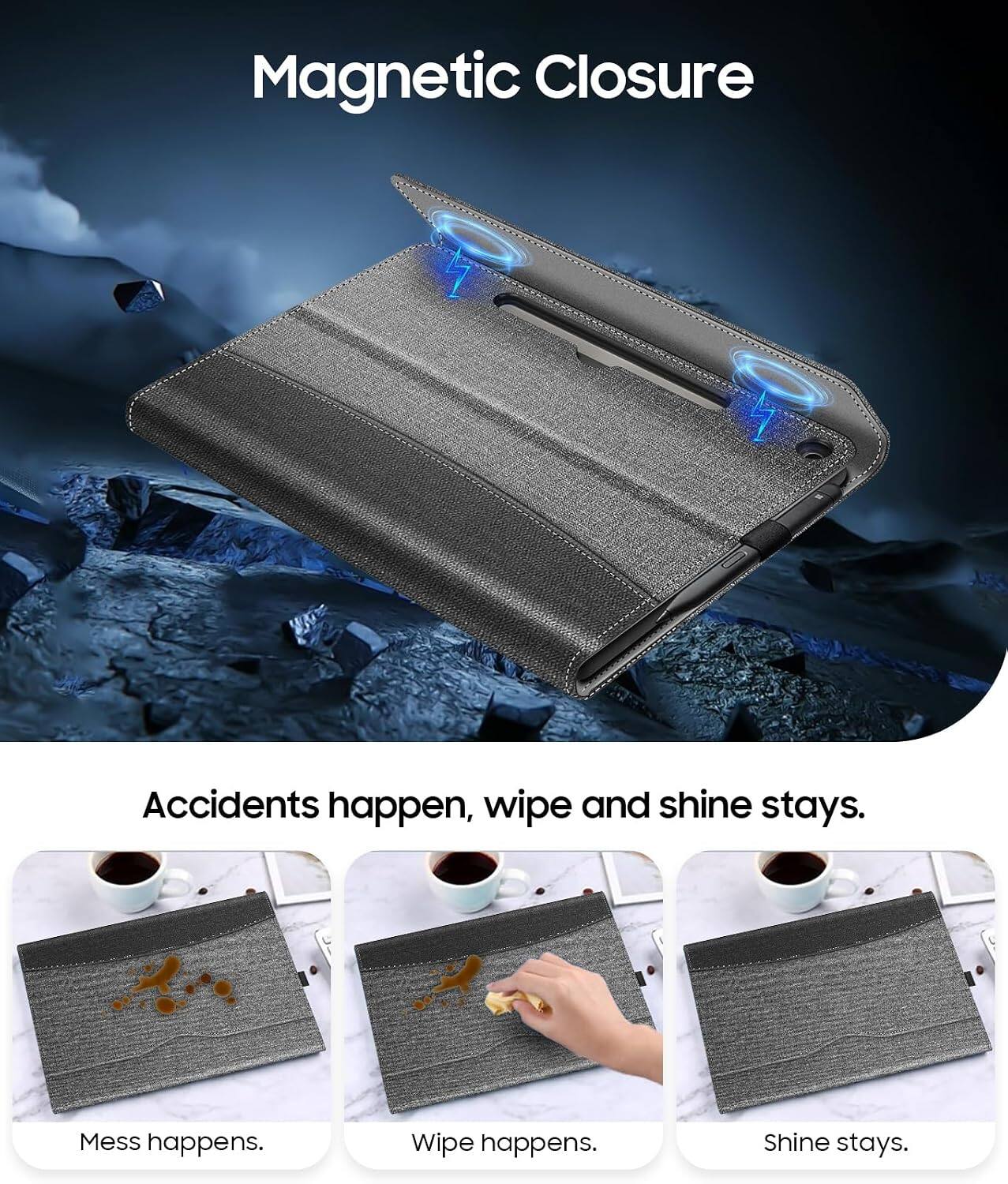 Magnetic Closure

Accidents happen, wipe and shine stays.

Mess happens.
Wipe happens.
Shine stays.