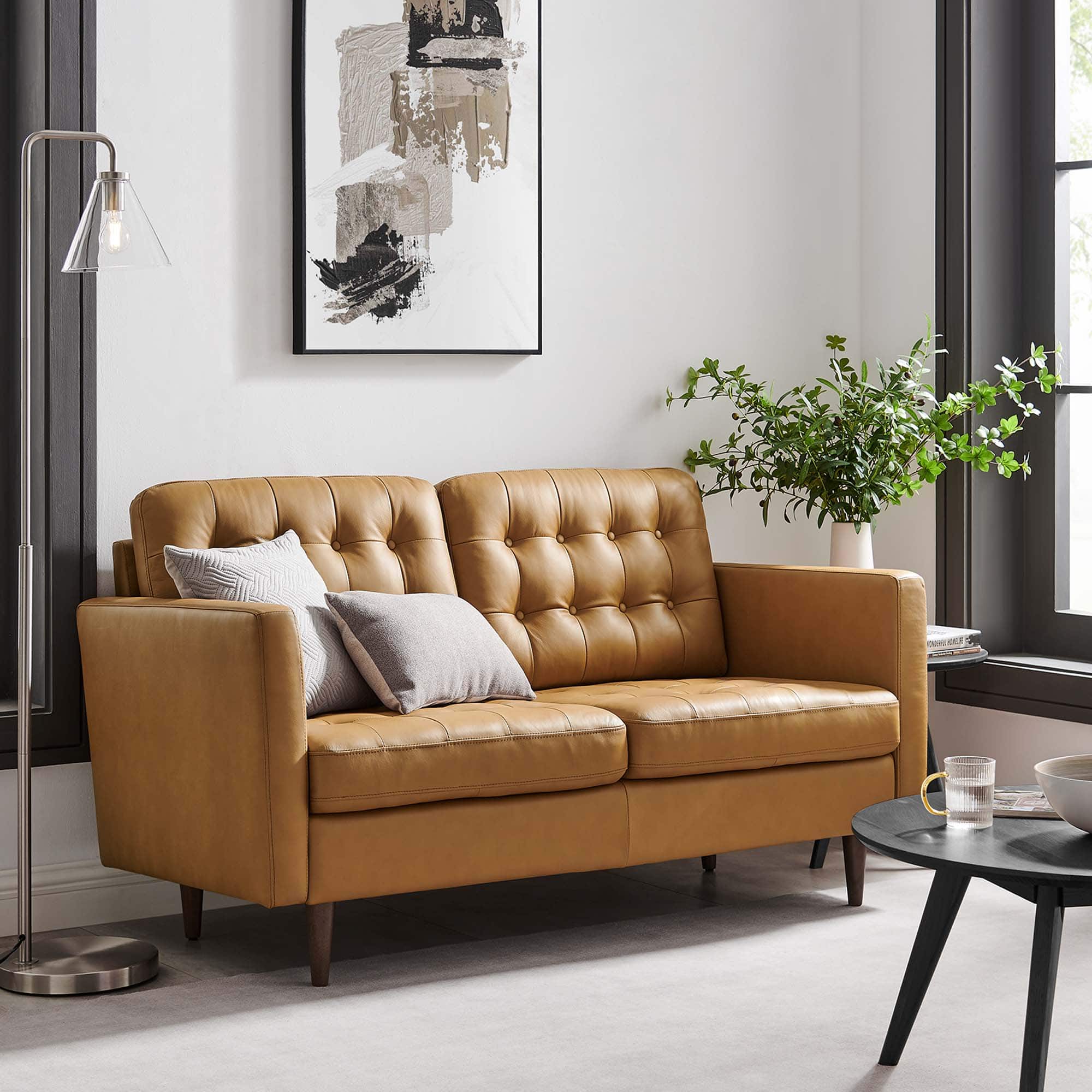 Exalt Tufted Leather Loveseat by Modway - Tan