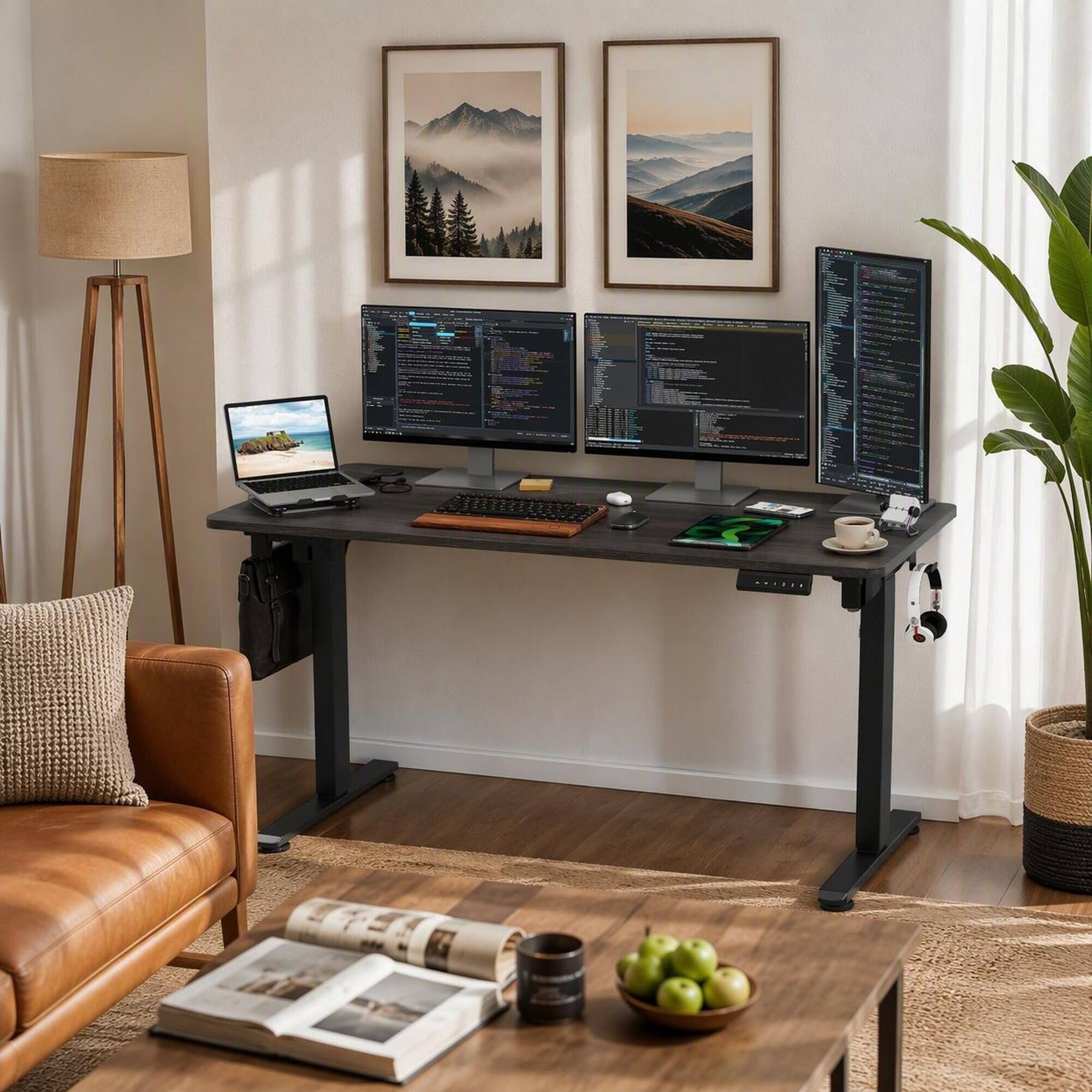 Back. RYHNUYNE - STARY Electric Standing Desk, 40 x 24 inch Carbon Steel Adjustable Height Home Office Sit Stand Desk, Splice Board - Walnut.