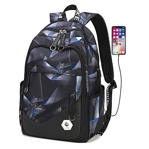 Front. Cozy Serene - Geometric-print Backpack For Elementary Middle School Bookbag Bag Teens Black Red - Black+blue-Style A-with USB Port.