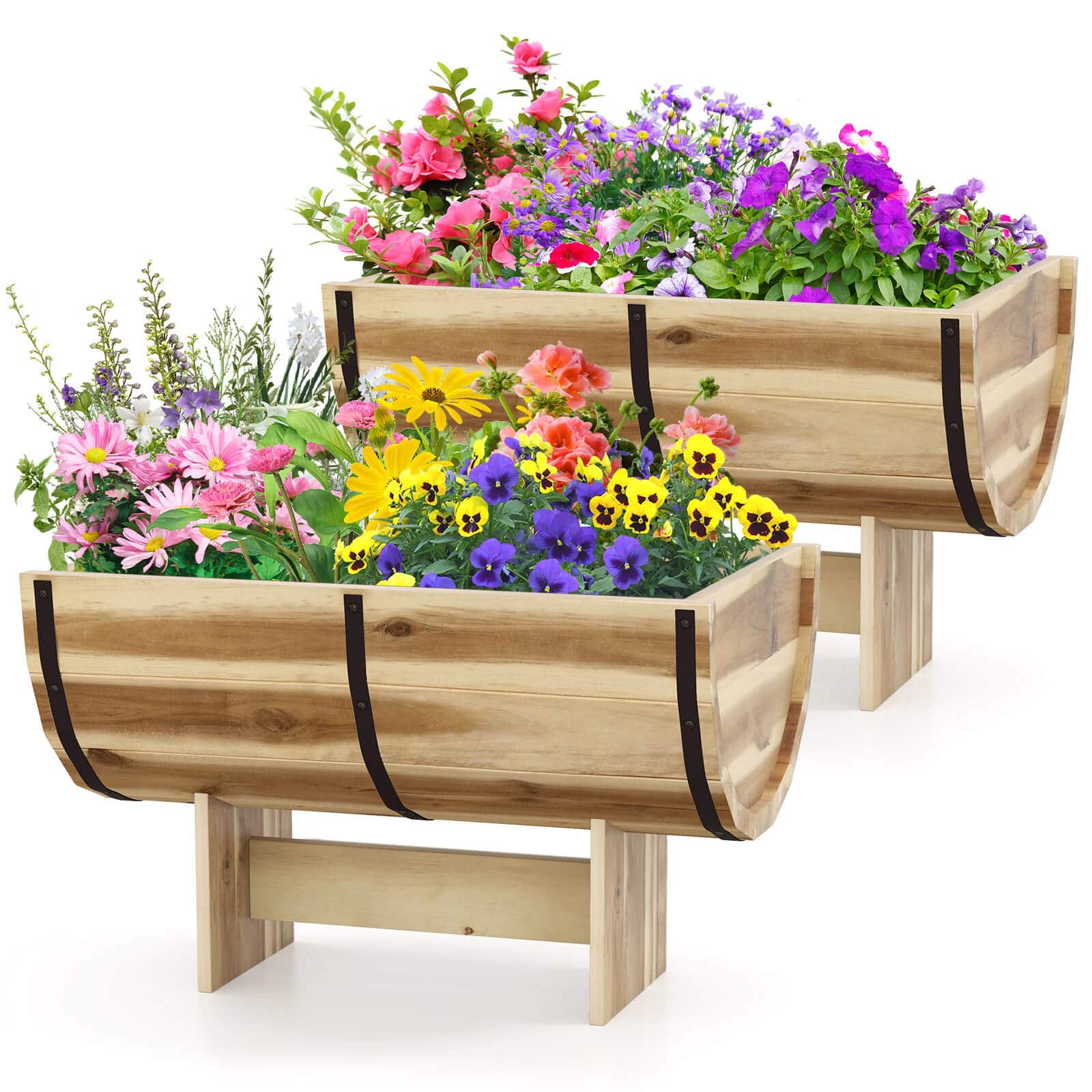 Front. Costway - Costway 2 PCS Outdoor Wooden Planter Solid Acacia Wood Half-Barrel Planter Box with Legs - Natural.