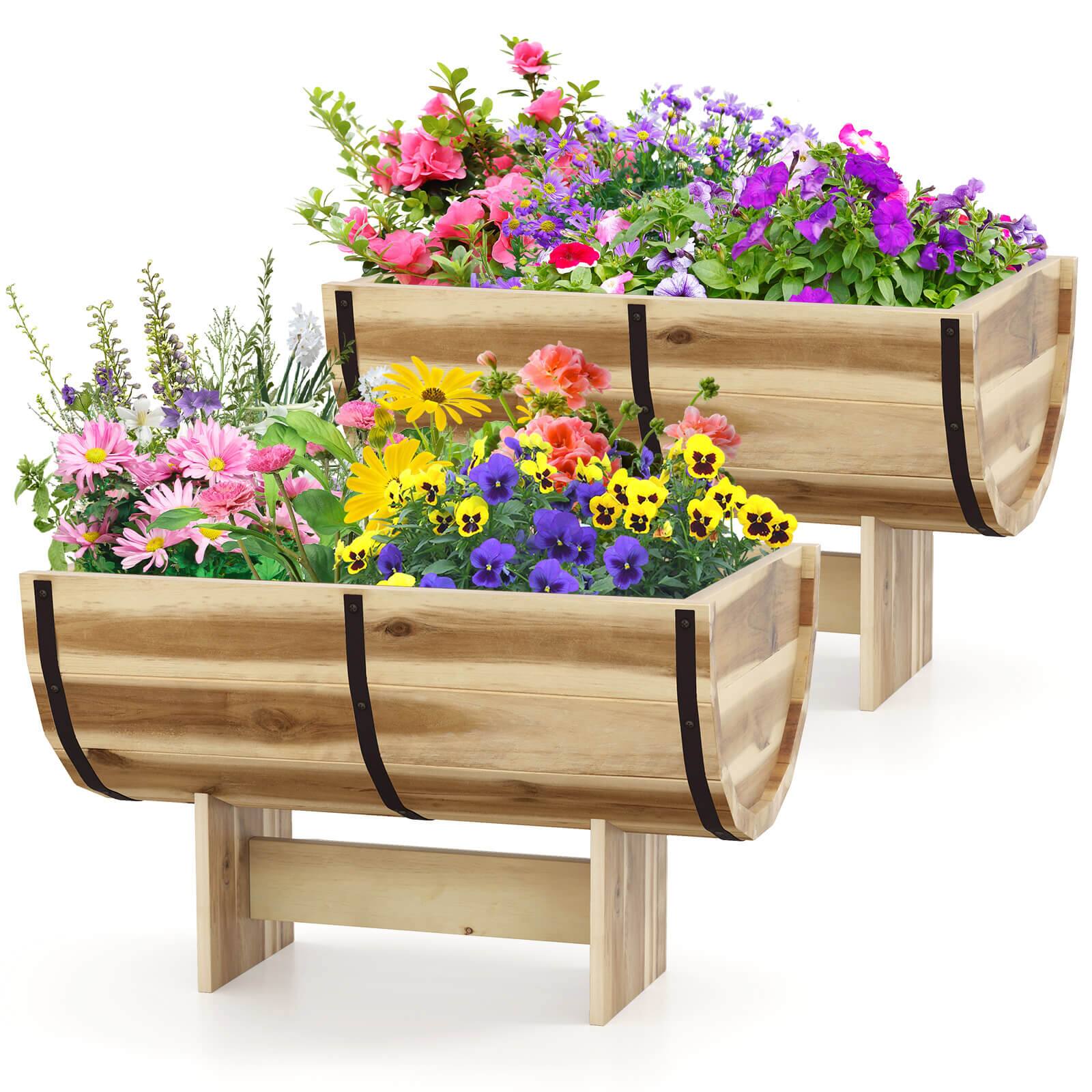 Costway - 2 PCS Outdoor Wooden Planter Solid Acacia Wood Half-Barrel Planter Box with Legs - Natural